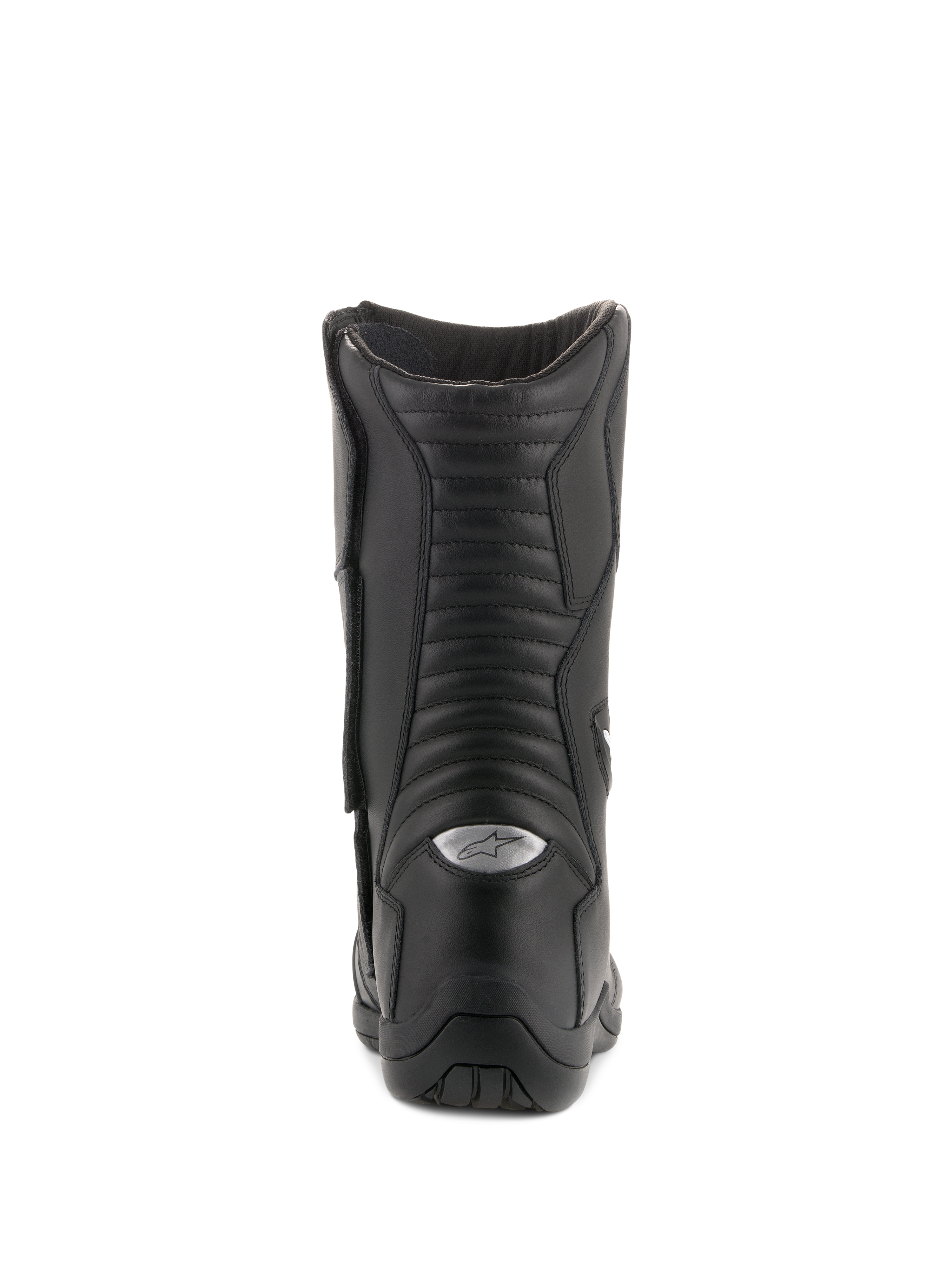 Alpinestars Andes V2 Drystar Boots, Waterproof Touring Boots, Black, Rear view highlighting accordion leather flex panels and silver reflective A-star logo on the heel, durable motorcycle footwear for adventure riding