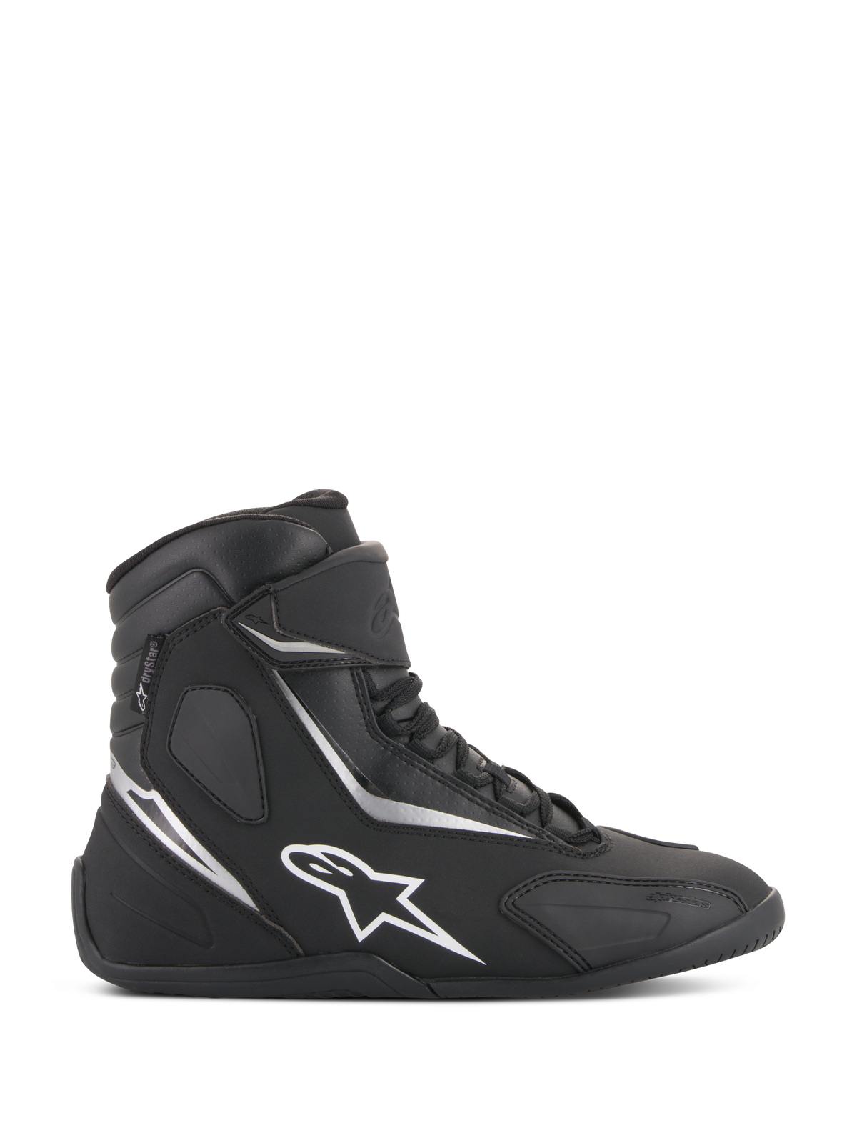 Alpinestars Fastback 2 Drystar Waterproof Shoes, Black and White High-Top Motorcycle Sneakers, side profile featuring white star logo and silver accents, lace-up closure with hook-and-loop strap, waterproof urban riding footwear