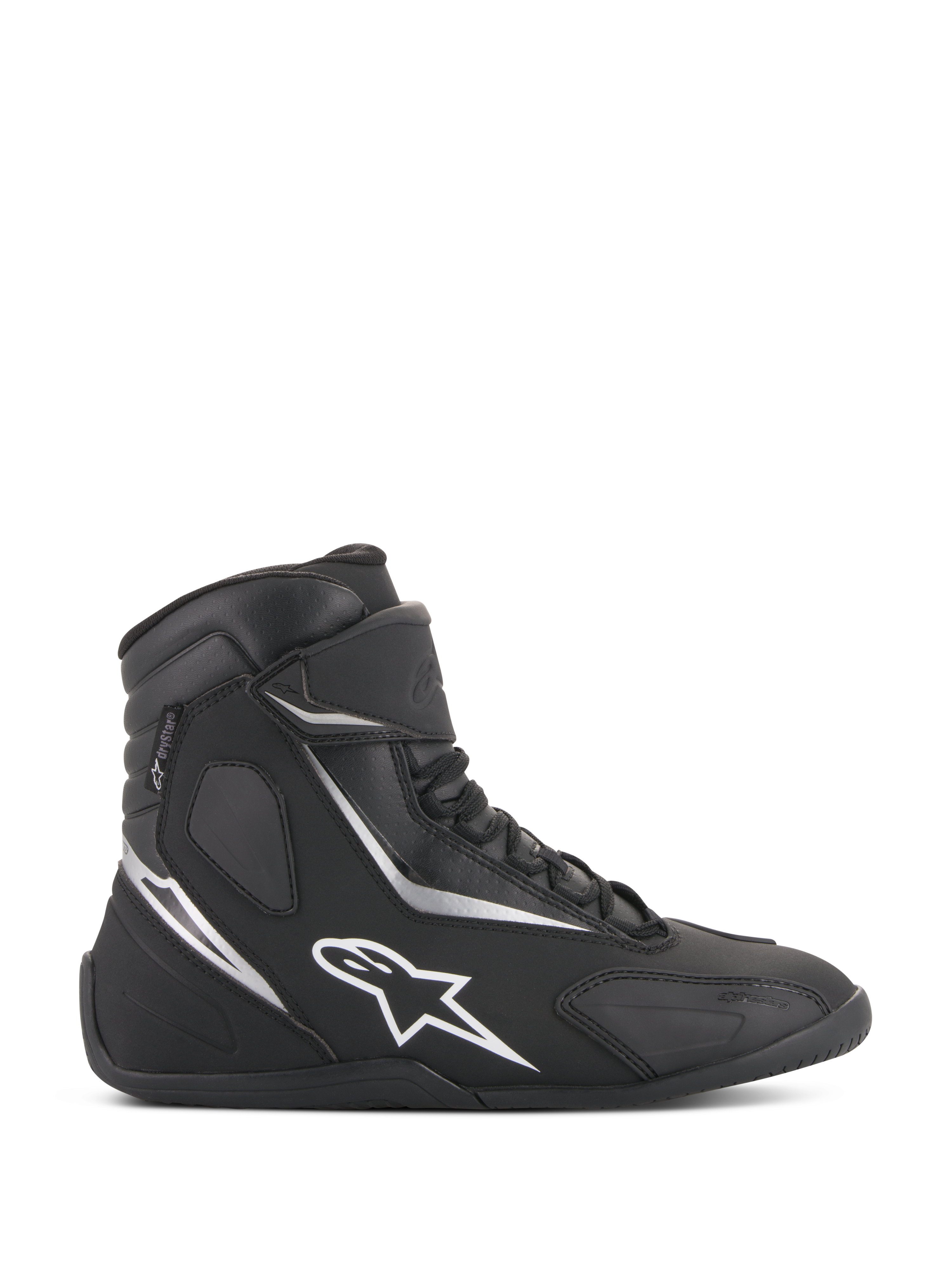 Alpinestars Fastback 2 Drystar, zapatillas de moto impermeables de caña alta en negro y blanco, perfil lateral con logo de estrella blanca y detalles plateados, cierre de cordones con correa de velcro, calzado impermeable para conducción urbana