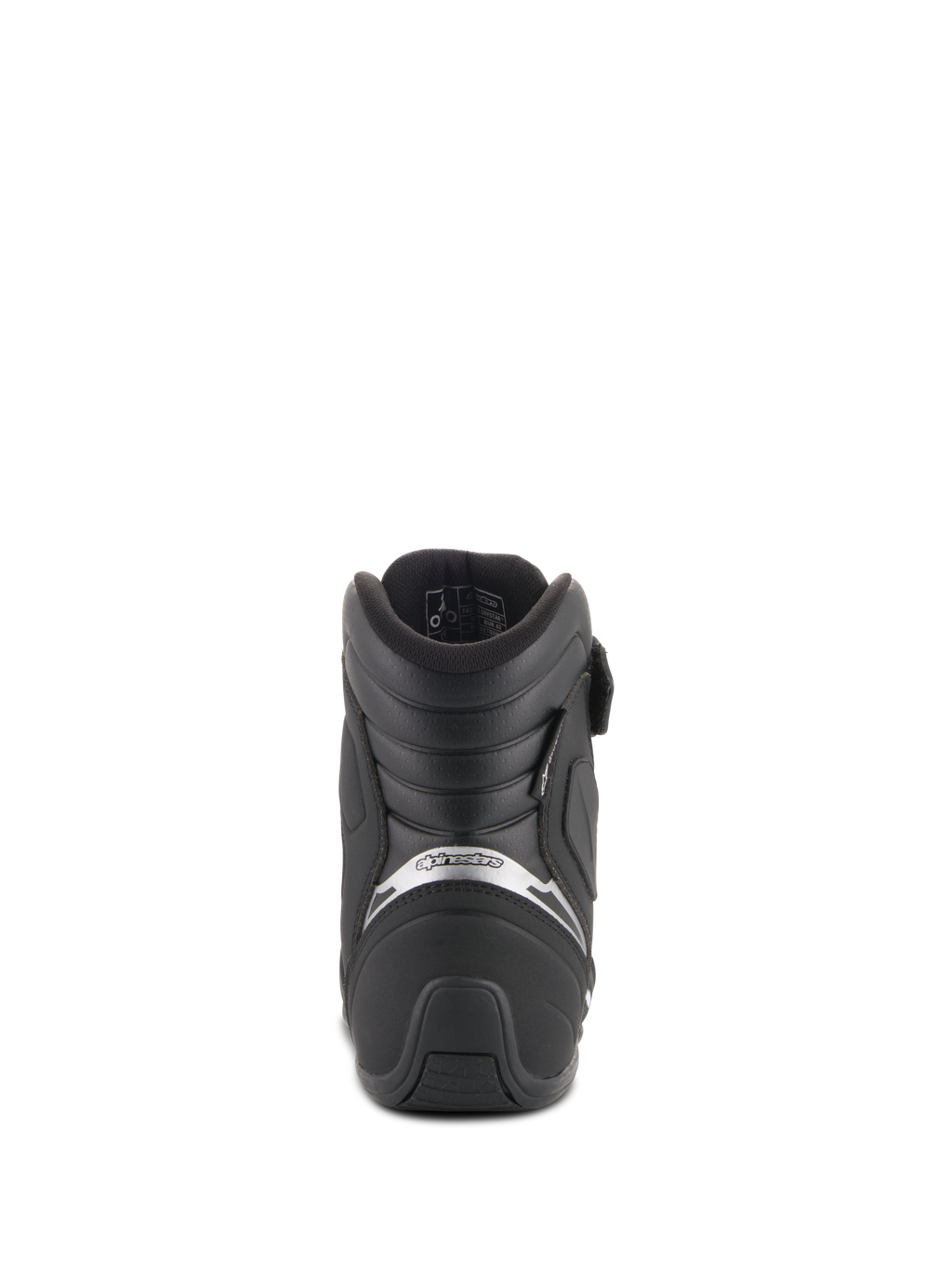 Alpinestars Fastback 2 Drystar® Waterproof Shoes, negro y blanco, vista trasera de zapato para conducción de motocicleta con soporte de talón acolchado, logotipo plateado y suela de goma texturizada