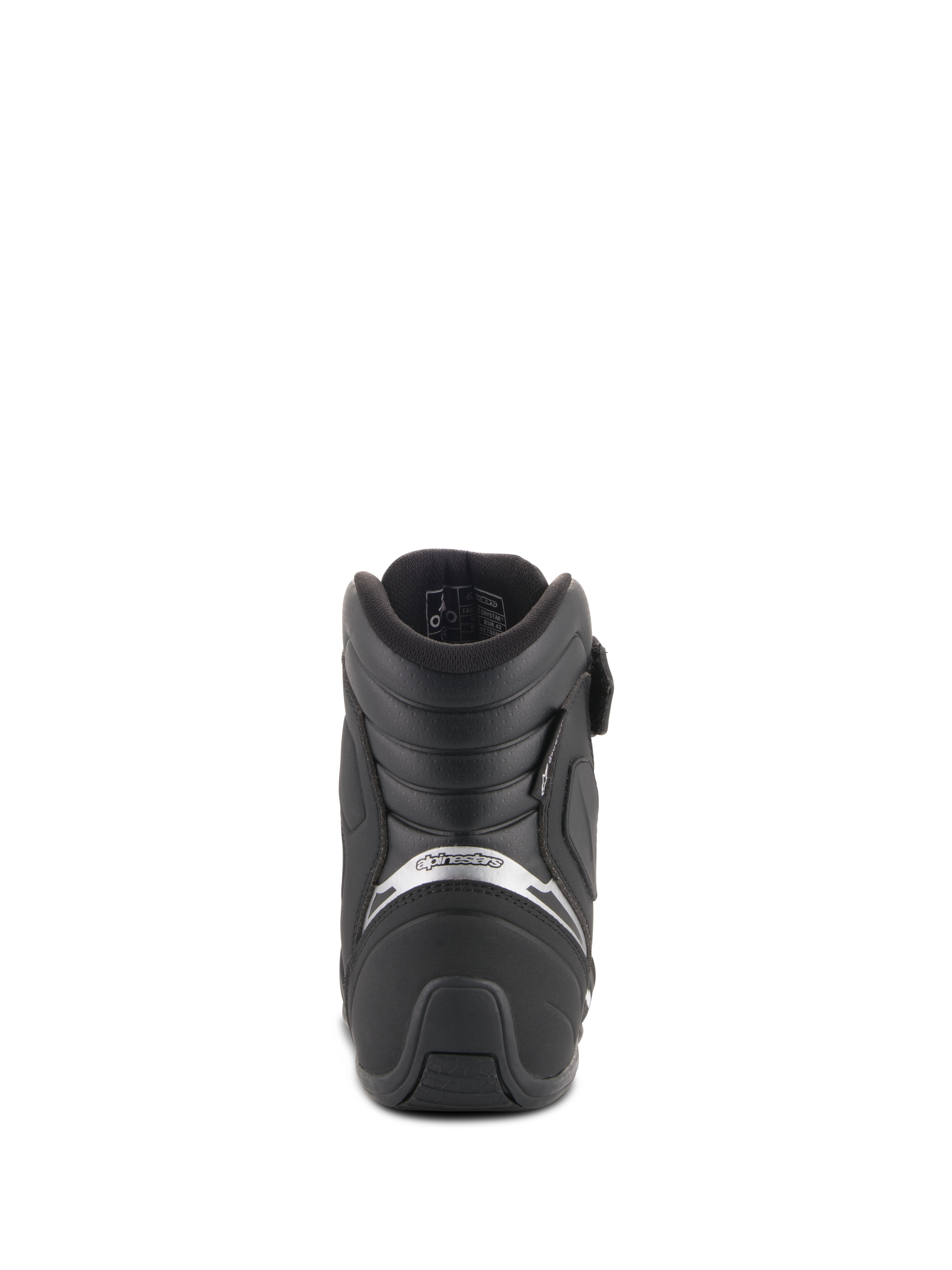 Alpinestars Fastback 2 Drystar® Waterproof Shoes, negro y blanco, vista trasera de zapato para conducción de motocicleta con soporte de talón acolchado, logotipo plateado y suela de goma texturizada