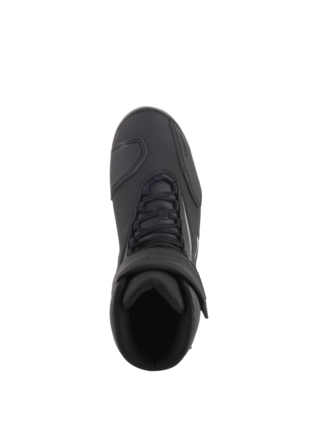 Alpinestars Fastback 2 Drystar® Waterproof Shoes, zapatos para montar en moto, negro y blanco, vista superior que muestra el cierre de cordones y la correa ajustable de velcro, calzado impermeable para conducción en carretera