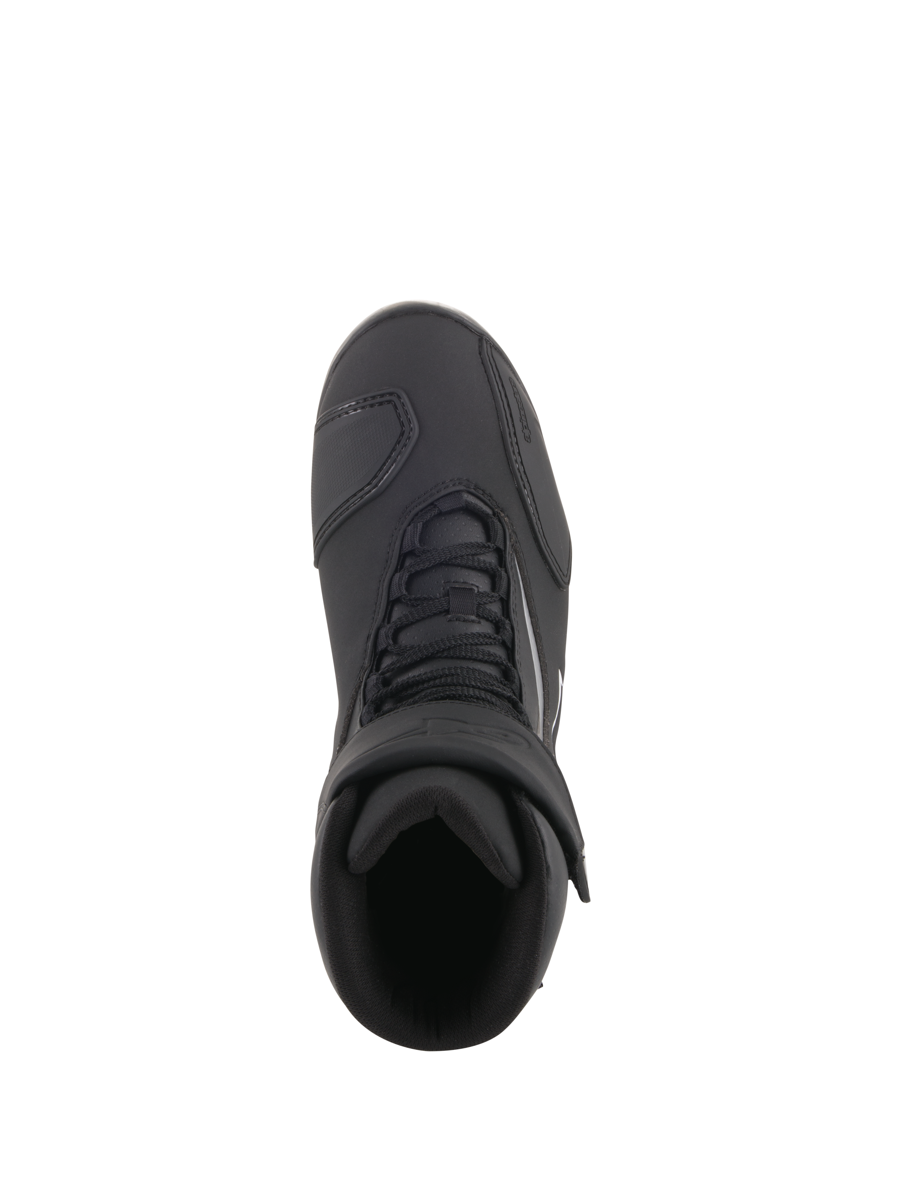 Alpinestars Fastback 2 Drystar® Waterproof Shoes, zapatos para montar en moto, negro y blanco, vista superior que muestra el cierre de cordones y la correa ajustable de velcro, calzado impermeable para conducción en carretera