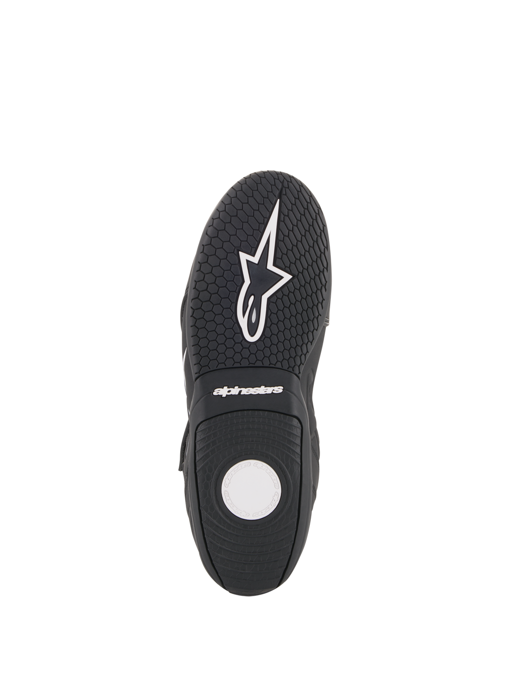 Alpinestars Fastback 2 Drystar® Waterproof Shoes, zapatillas de moto, negro y blanco, vista de la suela que muestra la suela de goma texturizada, patrón de agarre hexagonal y marca Alpinestars en blanco