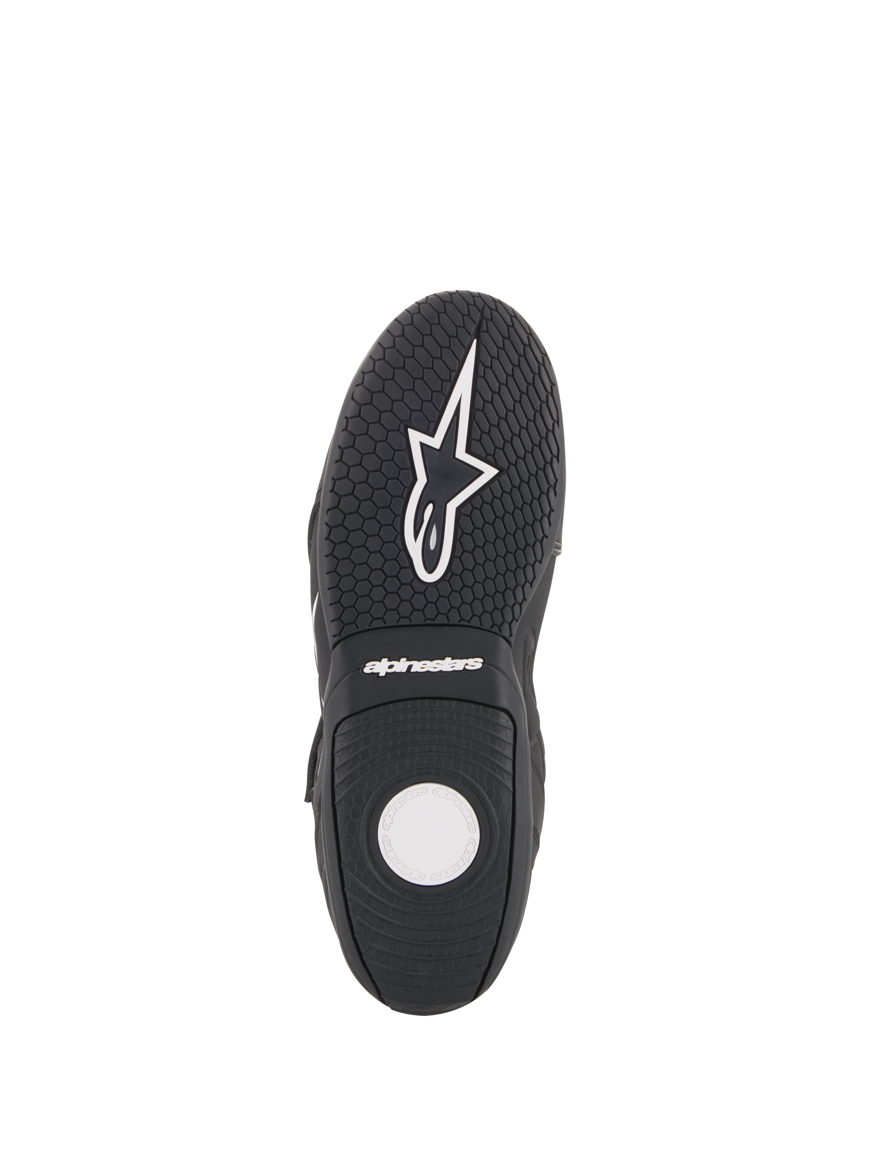 Alpinestars Fastback 2 Drystar® Waterproof Shoes, zapatillas de moto, negro y blanco, vista de la suela que muestra la suela de goma texturizada, patrón de agarre hexagonal y marca Alpinestars en blanco