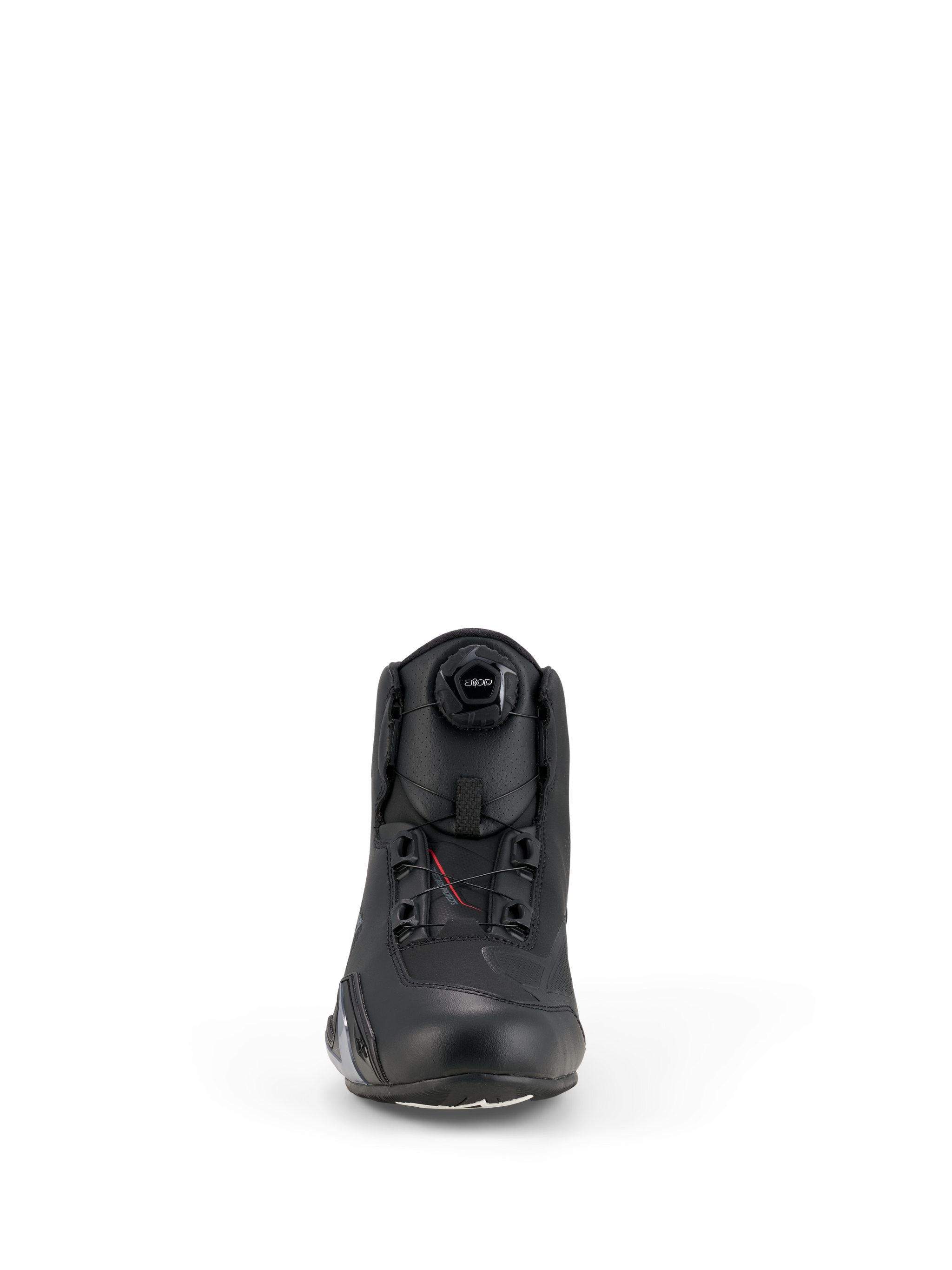 Alpinestars Celer Shoes, calzado para motociclismo, negro, vista frontal con el dial del sistema de cierre Rotor integrado, construcción de microfibra técnica con perfil aerodinámico y zona de la puntera reforzada.