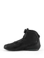Alpinestars Celer Shoes, Sport and Racing Riding Shoes, Black and Dark Gray, side profile view featuring the integrated Rotor Closure System dial, technical microfiber construction with alpinestars branding, streamlined design for performance