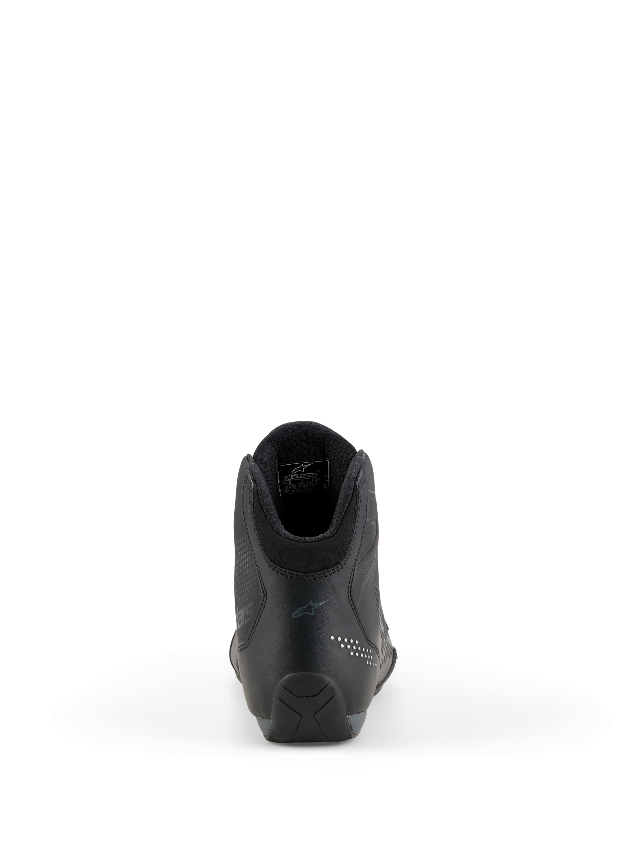 Alpinestars Celer Shoes, zapatillas de motociclismo, negro y gris oscuro, vista trasera que destaca el talón reforzado, el cuello del tobillo y logotipos sutiles, construcción de microfibra técnica para pilotos de deporte y competición