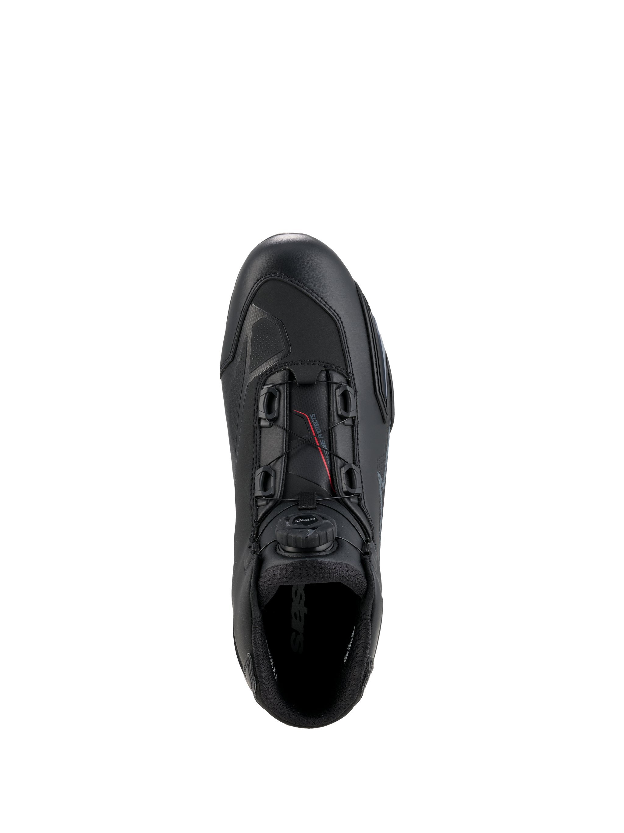 Zapatos Alpinestars Celer, calzado para motociclismo, negro y gris oscuro, vista superior que muestra el dial y los cables del Sistema de Cierre Rotor, construcción de microfibra técnica con perfil aerodinámico de competición, calzado deportivo de protección