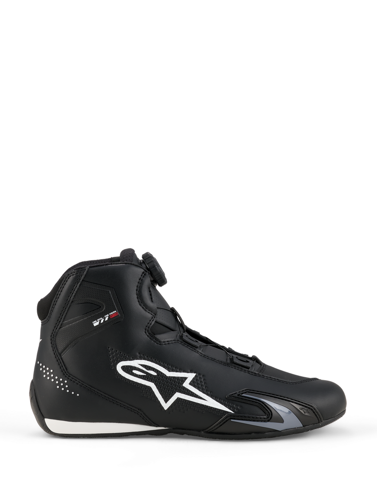 Alpinestars Celer Shoes, Black High-Top Sneakers, Motorsport-Inspired Footwear, White Star Logo, Black and White, Padded Ankle Collar, Textured Grip Sole