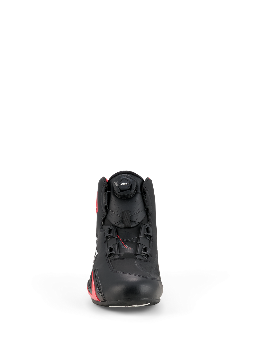 Alpinestars Celer Shoes, zapatos de motociclismo, negro y rojo brillante, vista frontal que muestra el dial del sistema de cierre Rotor, parte superior de microfibra técnica y diseño aerodinámico inspirado en las carreras