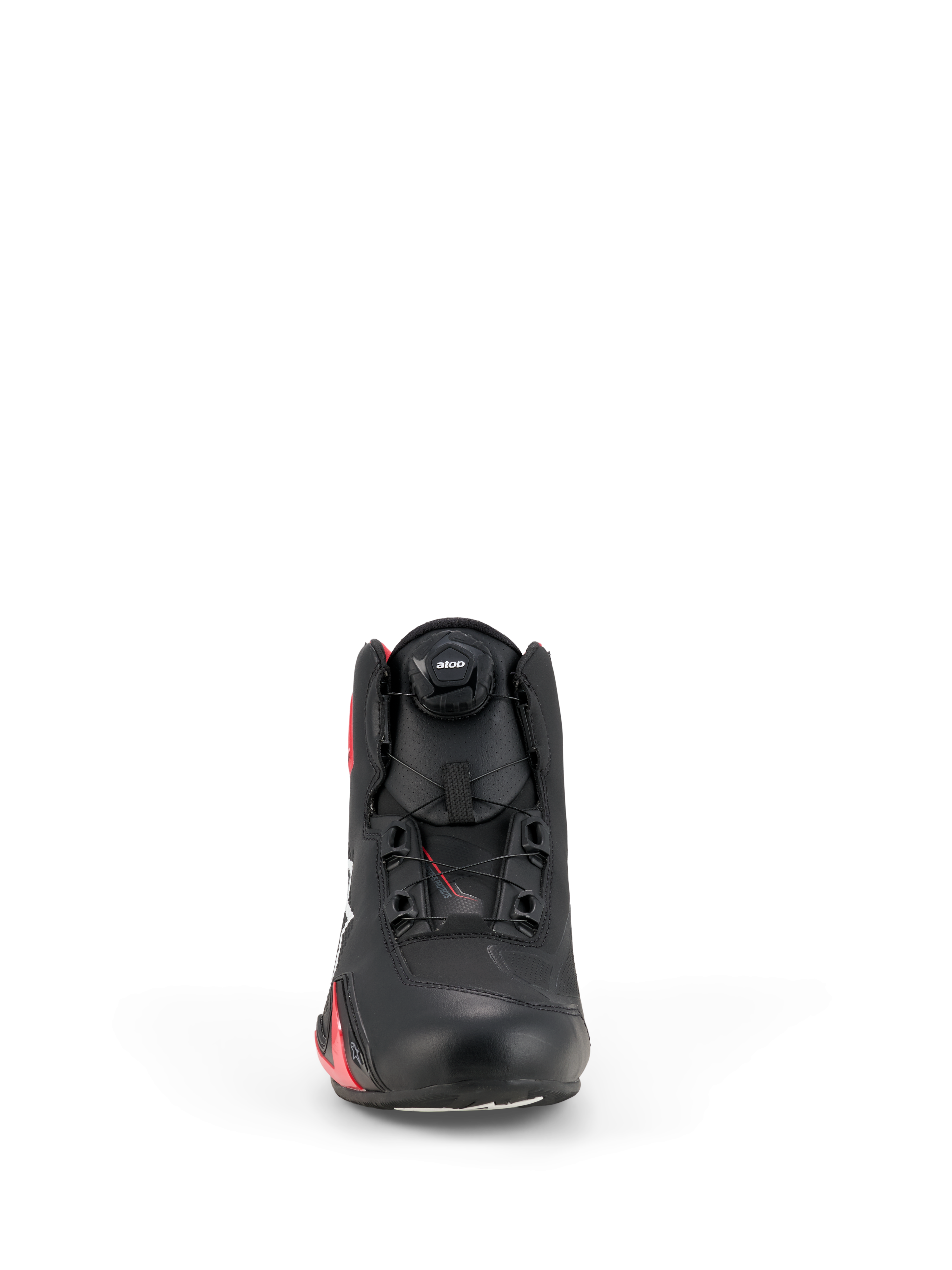 Alpinestars Celer Shoes, zapatos de motociclismo, negro y rojo brillante, vista frontal que muestra el dial del sistema de cierre Rotor, parte superior de microfibra técnica y diseño aerodinámico inspirado en las carreras