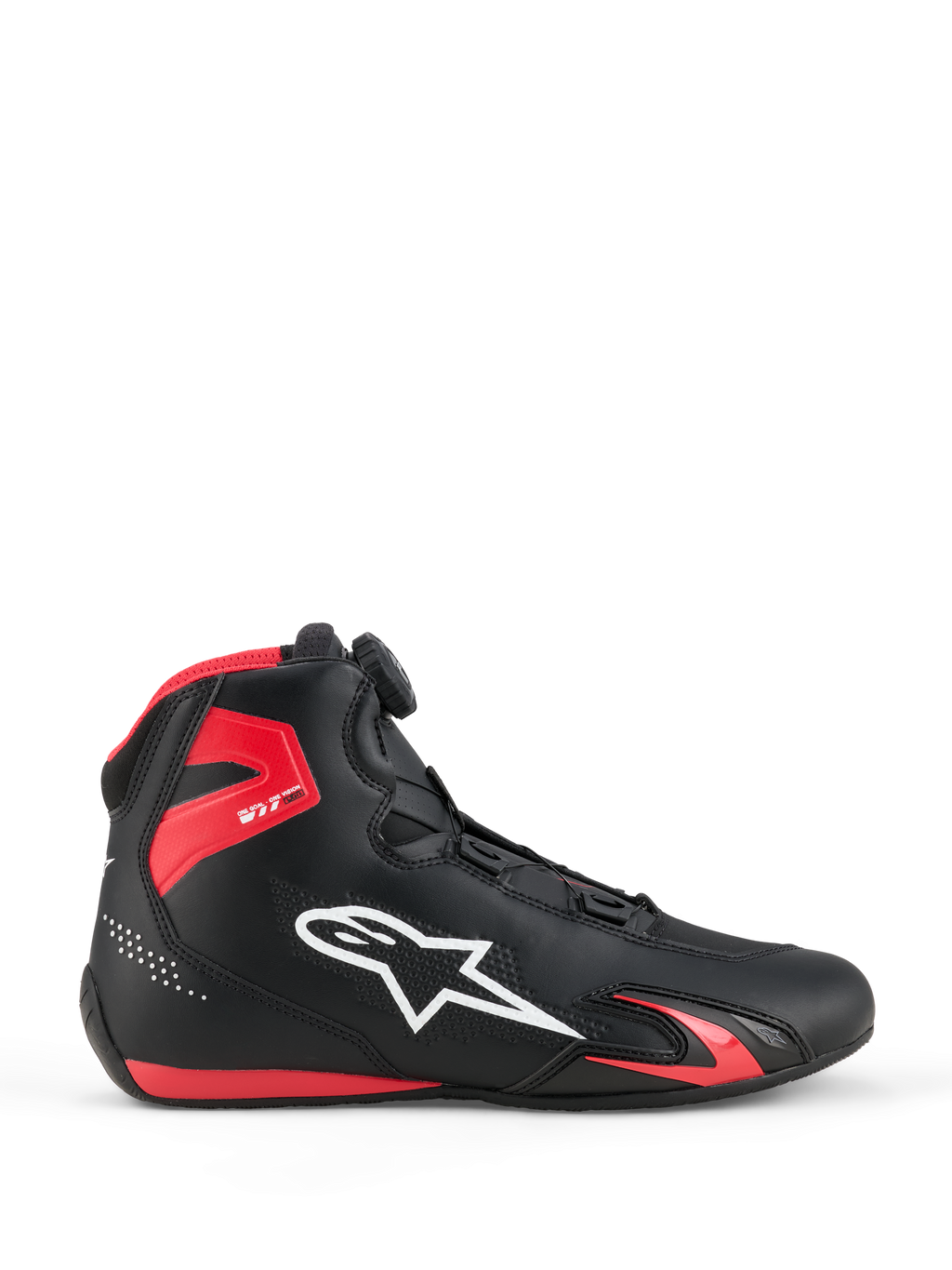 Alpinestars Celer Shoes, zapatos para motociclismo, negro y rojo brillante, vista de perfil con el logotipo de Alpinestars en blanco, dial del sistema de cierre Rotor, protección de tobillo de TPU rojo y construcción de microfibra aerodinámica para deporte y carreras