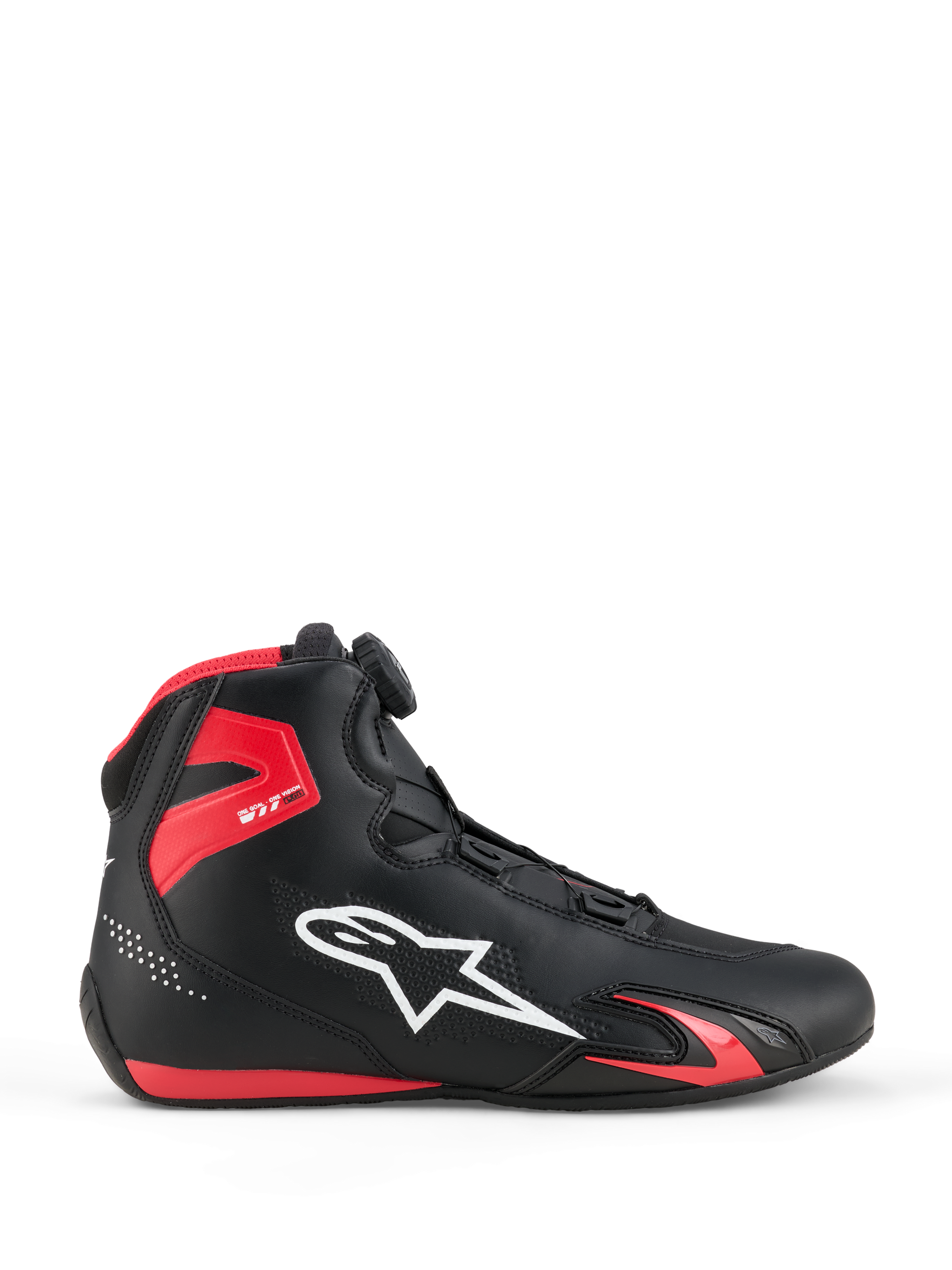 Alpinestars Celer Shoes, Motorcycle Riding Shoes, Black and Bright Red, profile view featuring white Alpinestars logo, Rotor closure system dial, red TPU ankle protection, and streamlined microfiber construction for sport and racing
