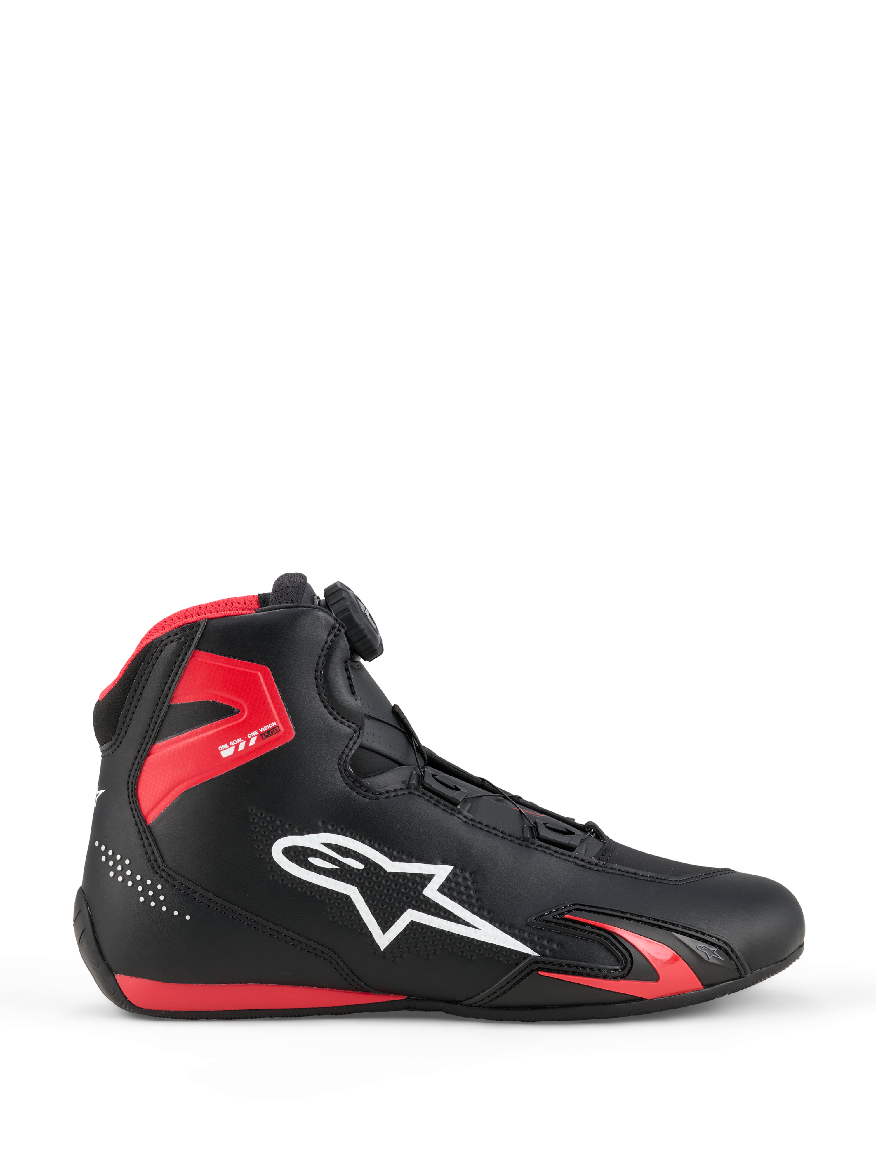 Alpinestars Celer Shoes, zapatos para motociclismo, negro y rojo brillante, vista de perfil con el logotipo de Alpinestars en blanco, dial del sistema de cierre Rotor, protección de tobillo de TPU rojo y construcción de microfibra aerodinámica para deporte y carreras