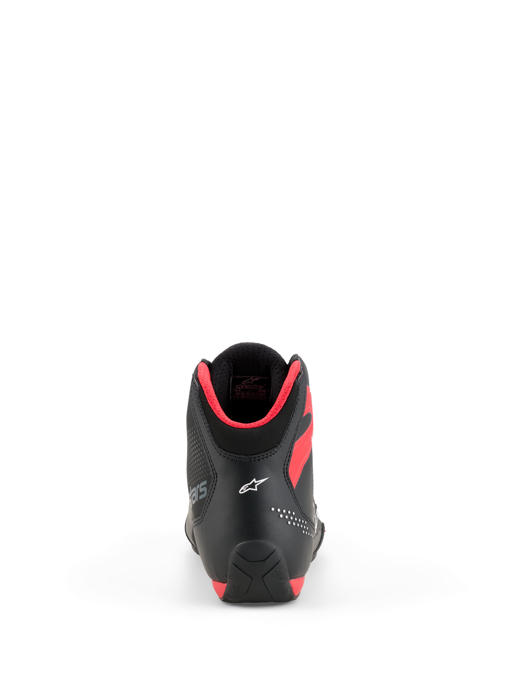 Alpinestars Celer Shoes, zapatos para motociclismo, negro y rojo brillante, vista trasera que muestra el logotipo de Astar blanco en el talón y el acolchado del cuello en rojo brillante, diseño elegante de rendimiento deportivo