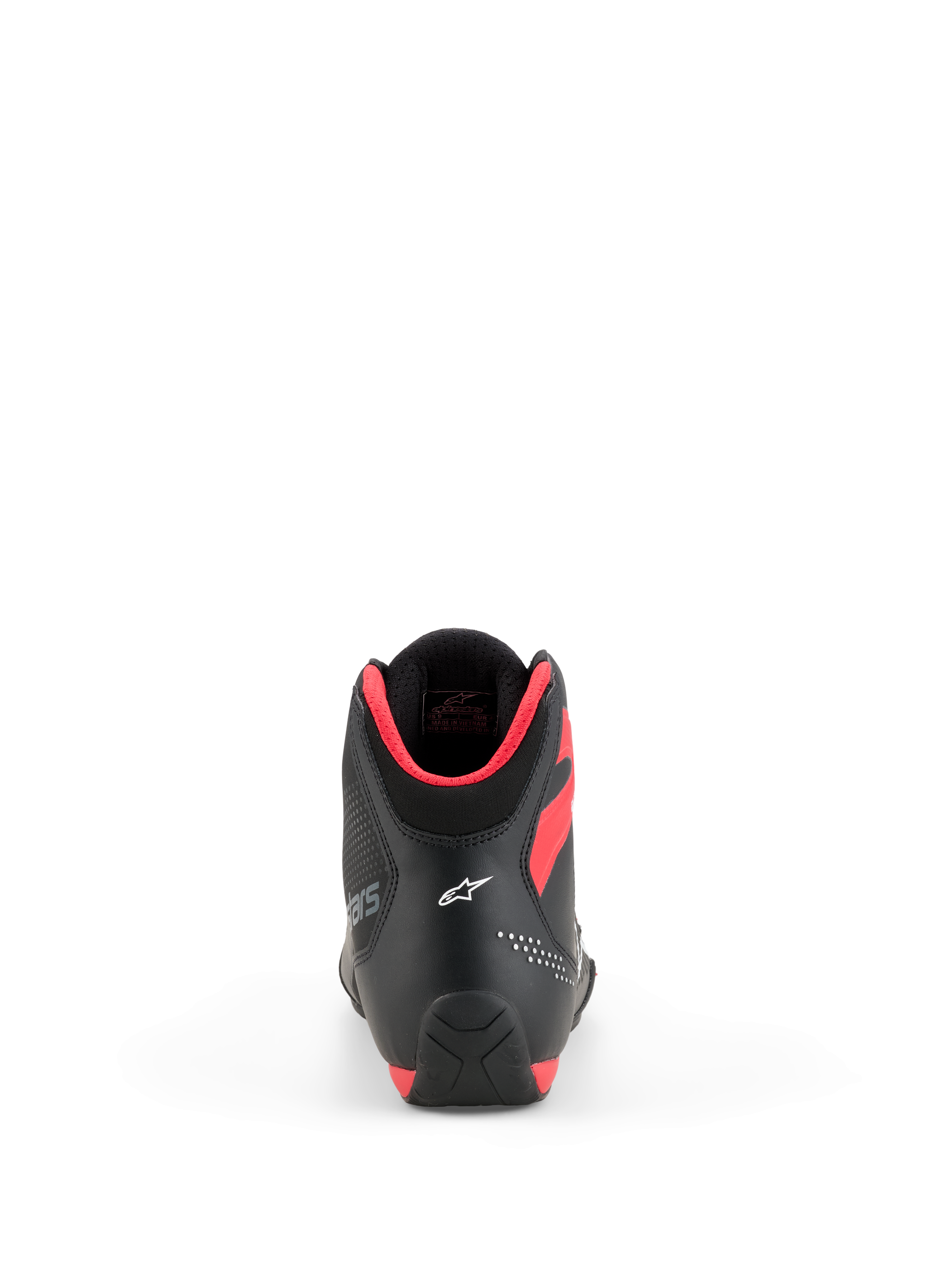 Alpinestars Celer Shoes, zapatos para motociclismo, negro y rojo brillante, vista trasera que muestra el logotipo de Astar blanco en el talón y el acolchado del cuello en rojo brillante, diseño elegante de rendimiento deportivo
