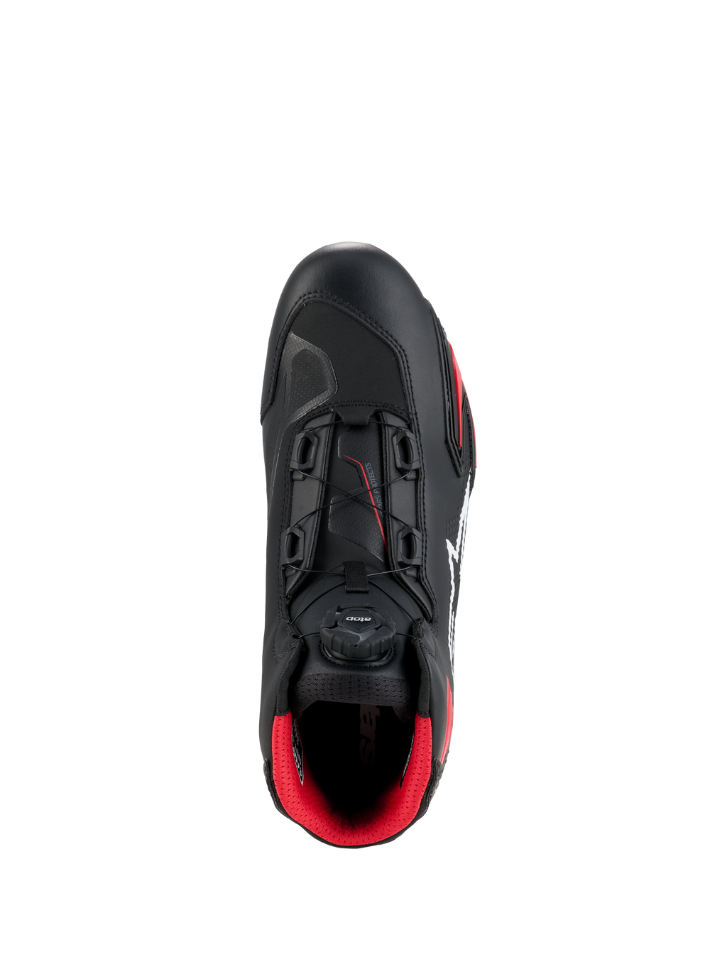 Alpinestars Celer Shoes, negro y rojo brillante, vista superior que destaca el dial del sistema de cierre Rotor, construcción de microfibra técnica y forro interior rojo vibrante, calzado deportivo para motociclismo