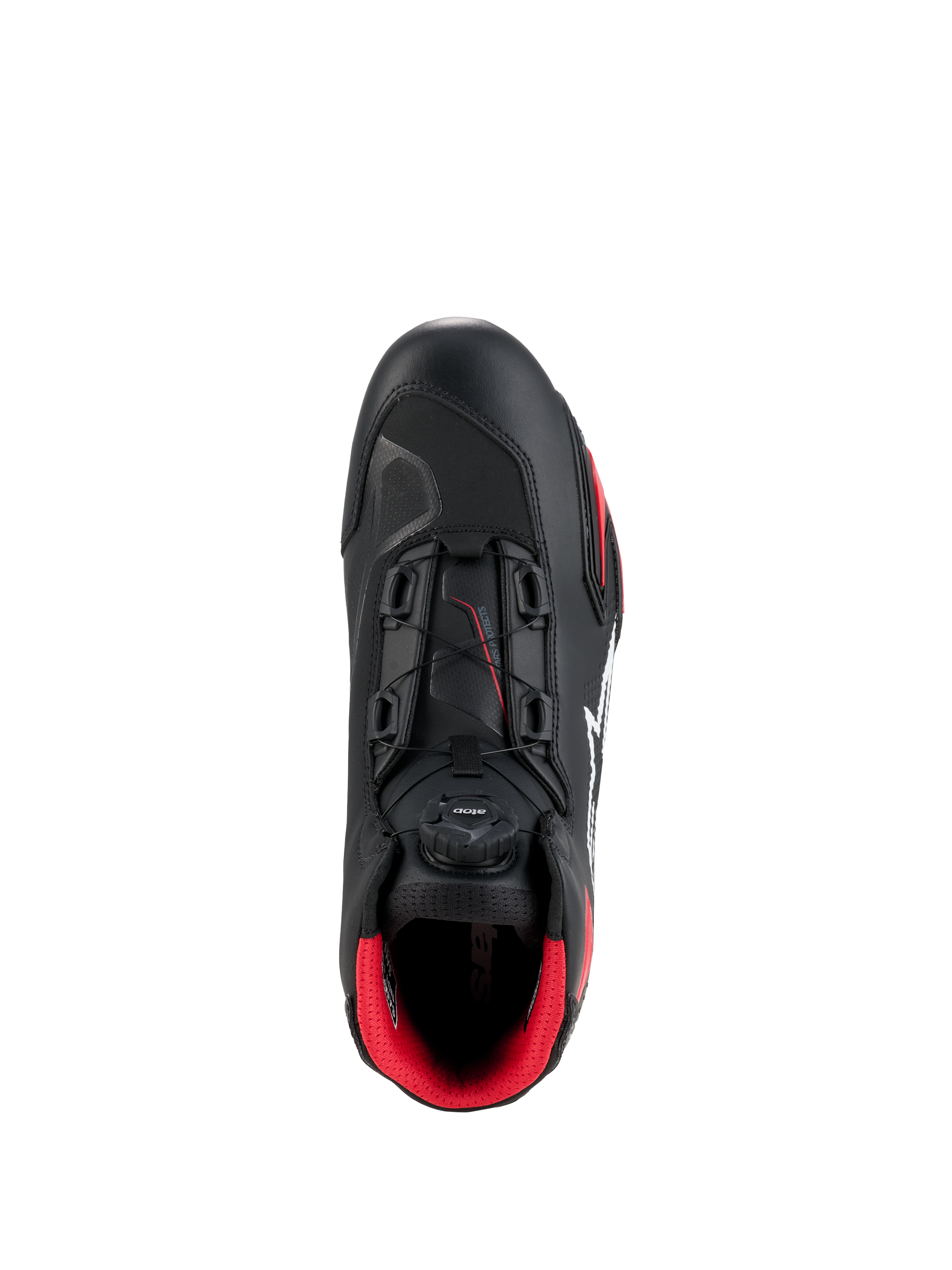 Alpinestars Celer Shoes, negro y rojo brillante, vista superior que destaca el dial del sistema de cierre Rotor, construcción de microfibra técnica y forro interior rojo vibrante, calzado deportivo para motociclismo