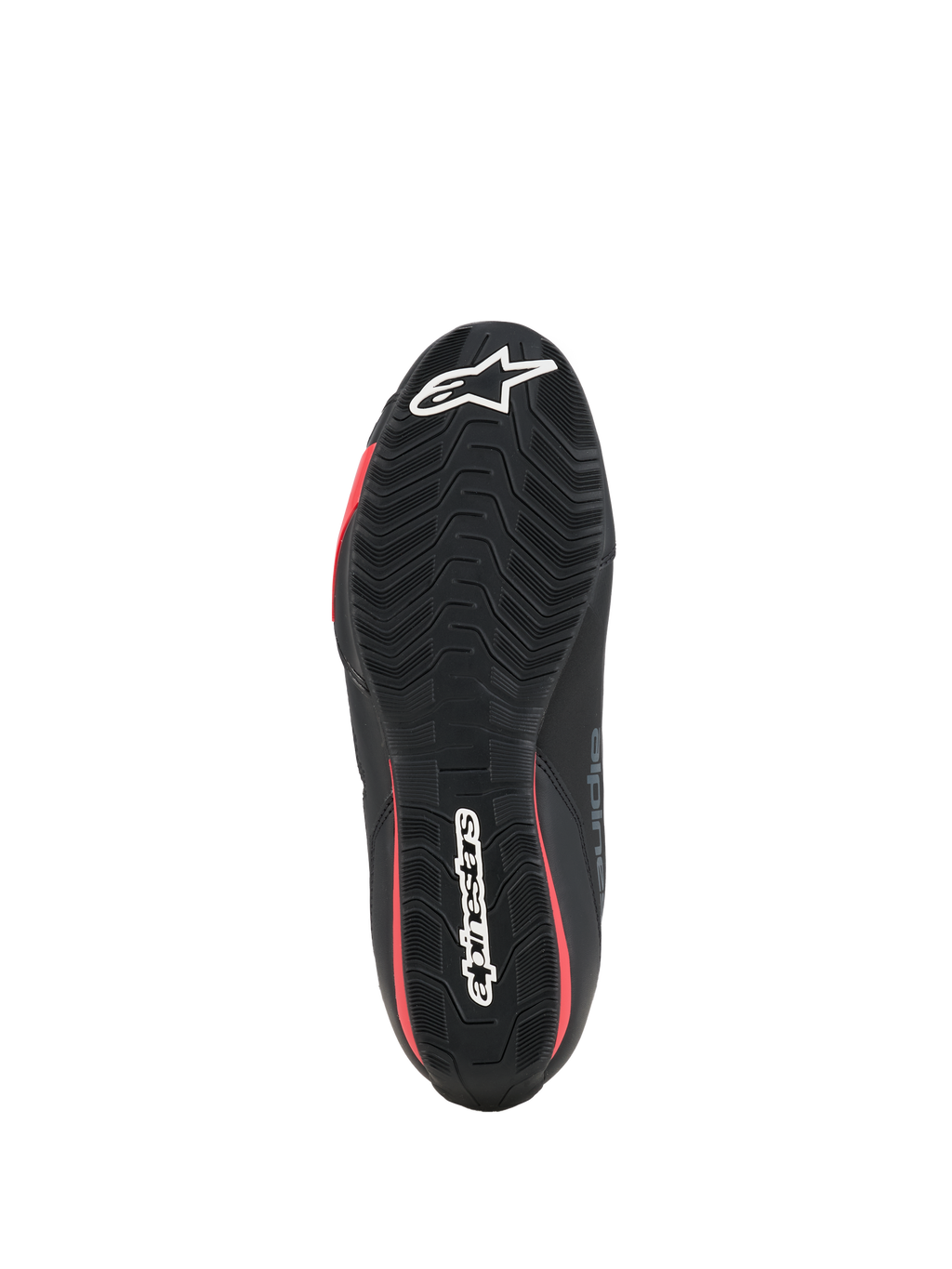 Zapatos Alpinestars Celer, calzado de motociclismo, negro y rojo brillante, vista inferior que muestra la suela de goma texturizada con logotipos de Alpinestars en blanco y detalles en rojo