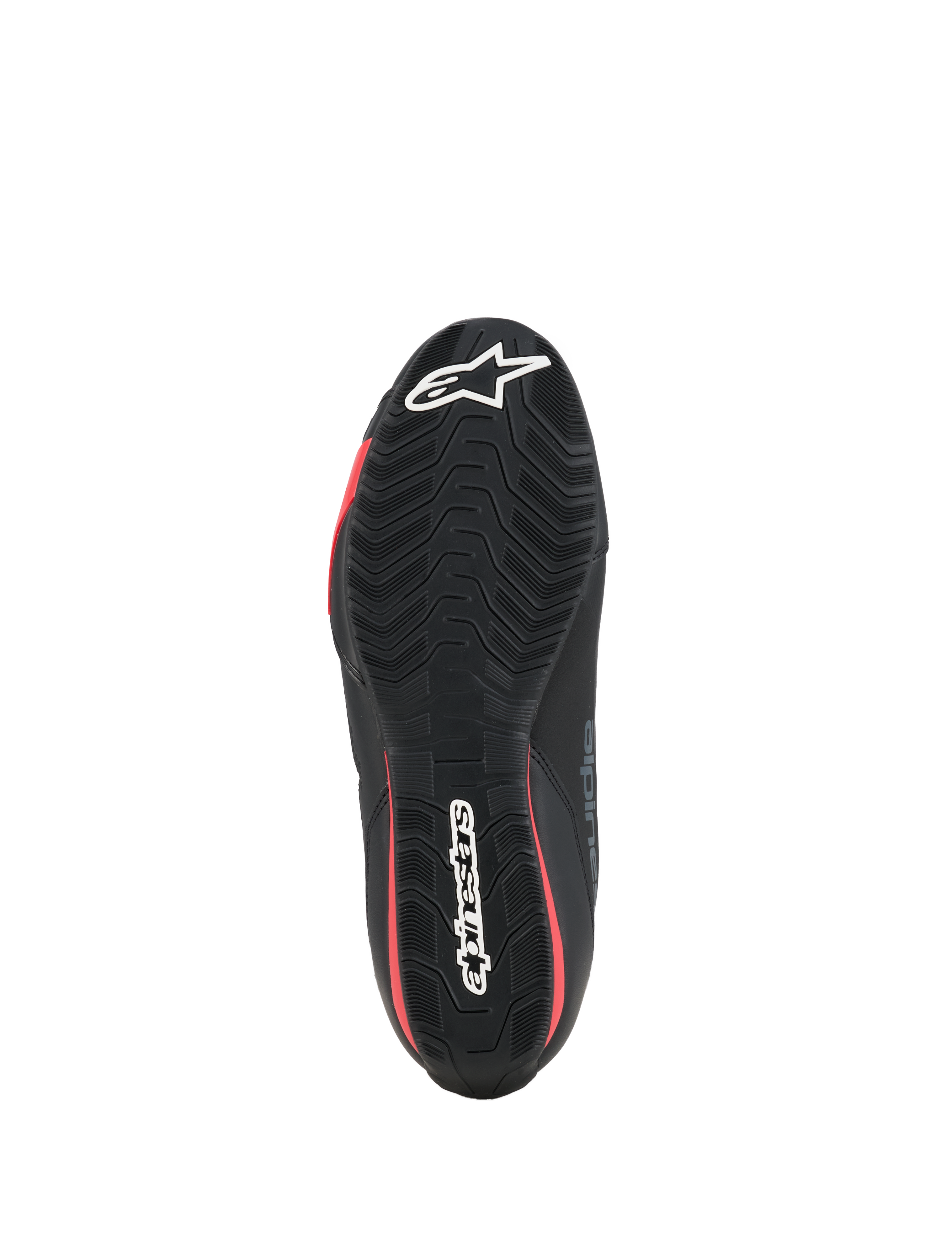 Zapatos Alpinestars Celer, calzado de motociclismo, negro y rojo brillante, vista inferior que muestra la suela de goma texturizada con logotipos de Alpinestars en blanco y detalles en rojo