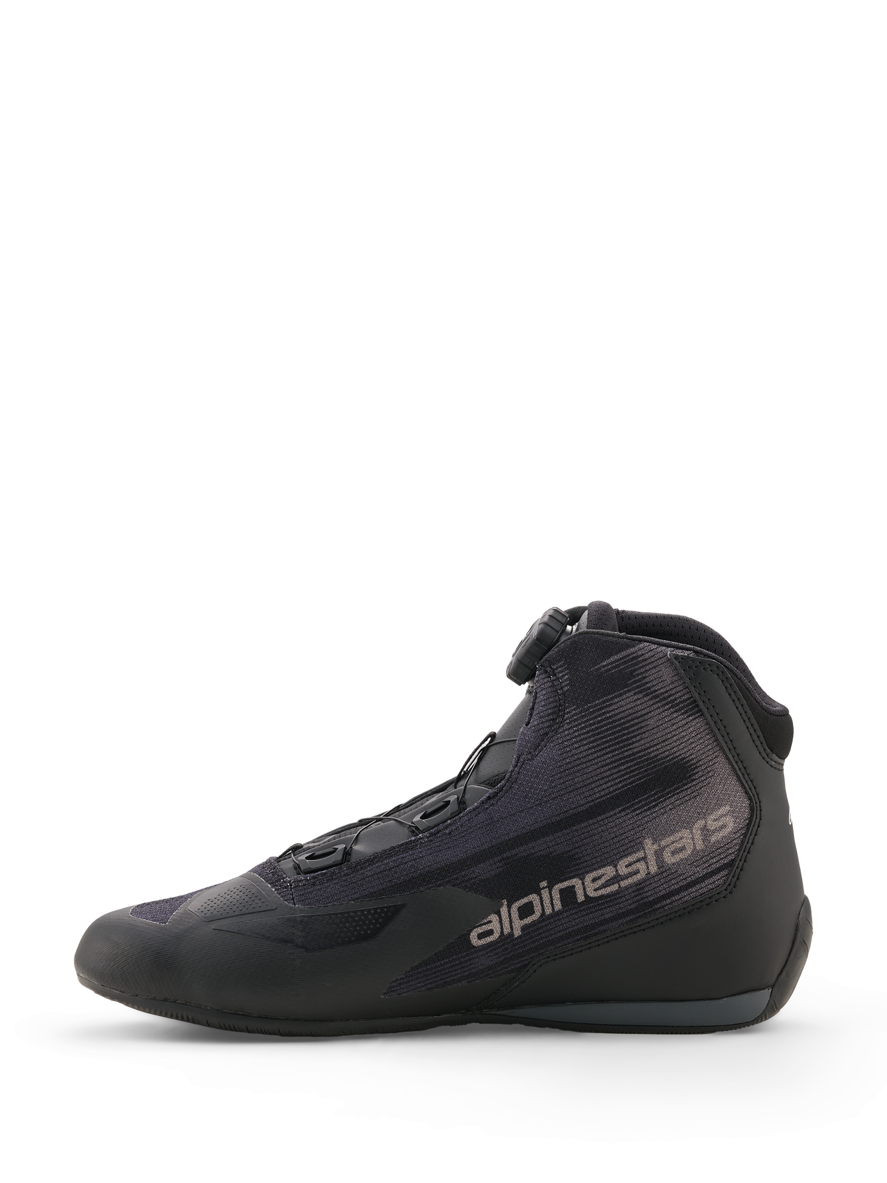 Alpinestars Celer Superair Shoes, Black and Dark Gray, sport riding motorcycle shoes, side profile view featuring high-airflow textile upper, Rotor Closure System dial, and gray Alpinestars branding on the side.