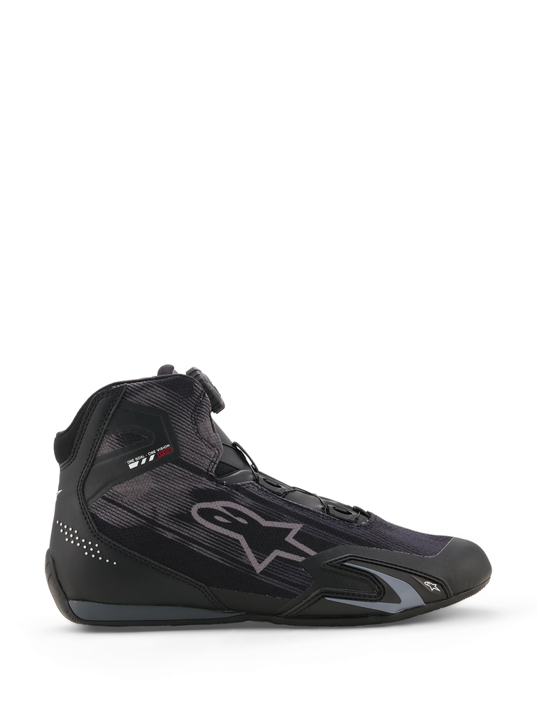 Alpinestars Celer Superair Shoes, motorcycle riding shoes, Black and Dark Gray, side profile with high-airflow textile construction, featuring a Rotor Closure System and protective TPU reinforcements, sleek athletic motorsport design.