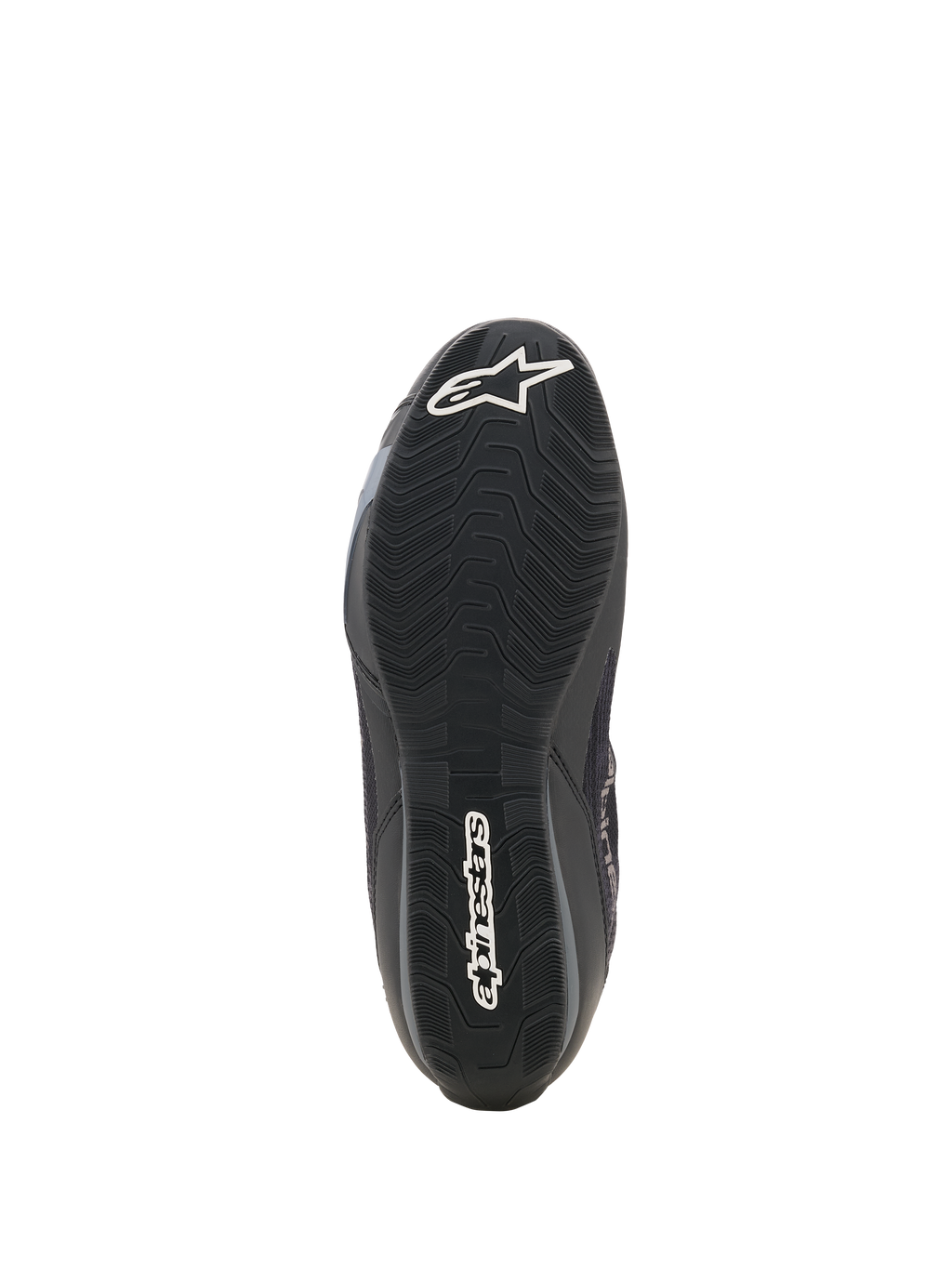 Alpinestars Celer Superair Shoes, Motorcycle Riding Shoes, Black and Dark Gray, bottom view of textured oil-resistant rubber outsole, featuring white Alpinestars star logo at toe and wordmark at heel