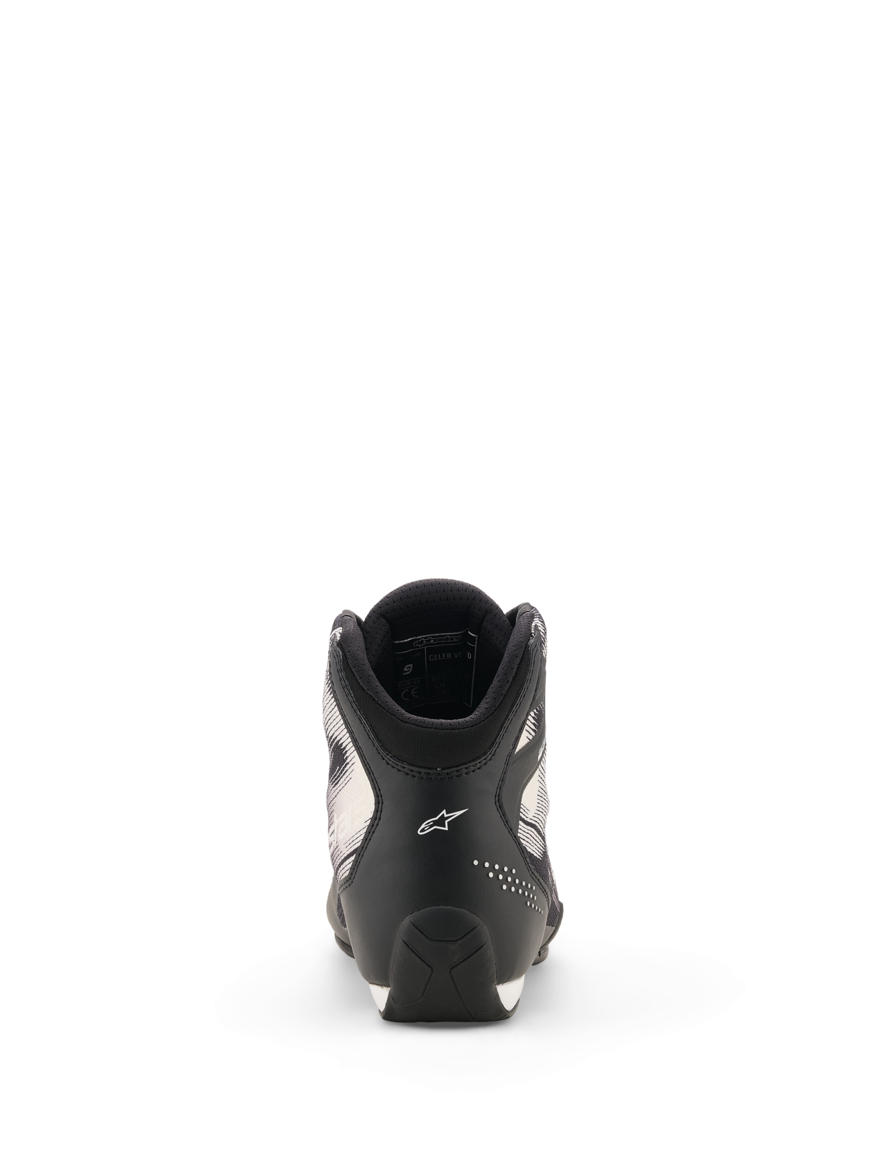 Alpinestars Celer Superair Shoes, Motorcycle Riding Shoes, Black and White, rear view showing the heel with white Astar logo, perforated accents, and textured sole design