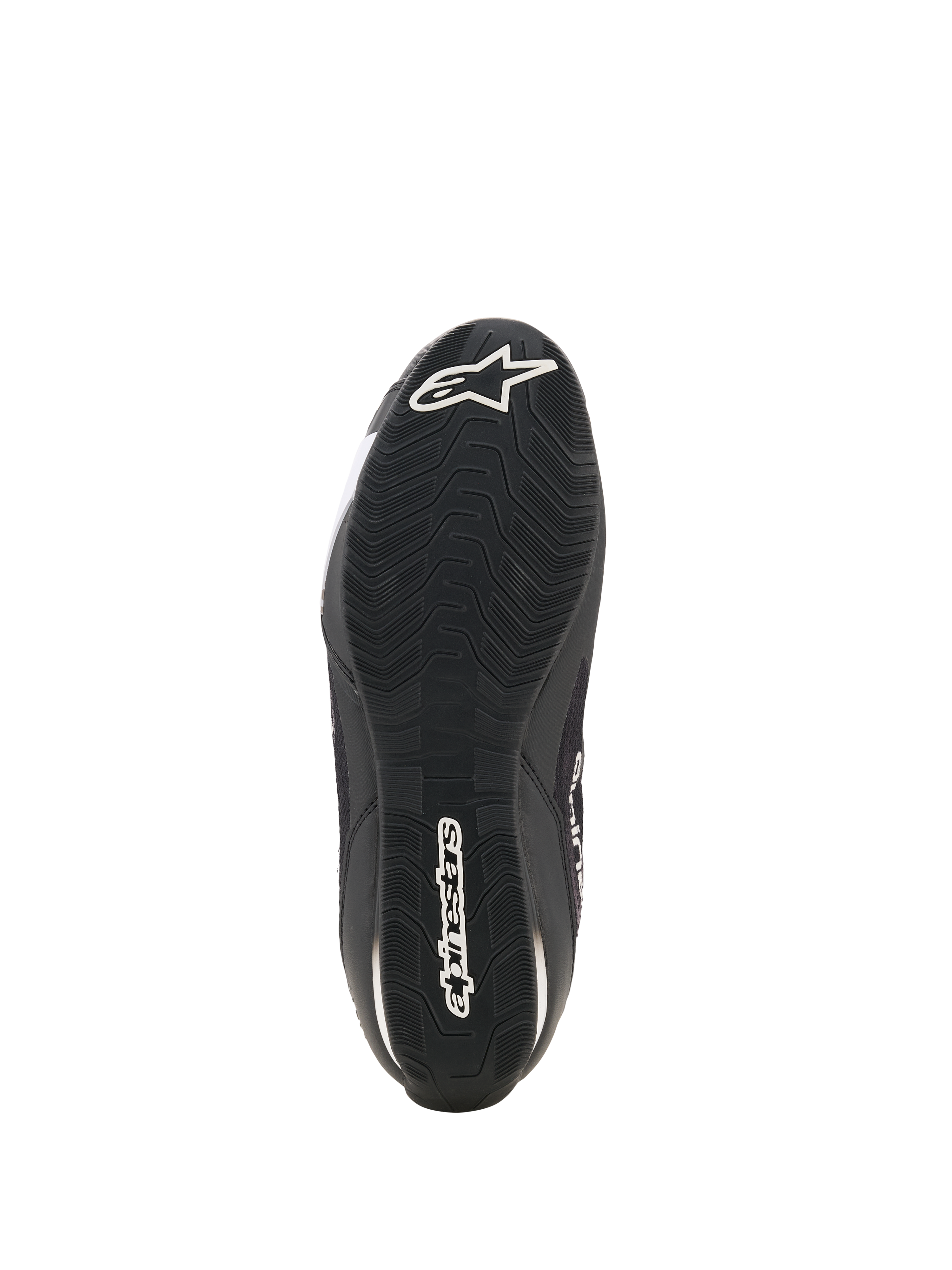 Alpinestars Celer Superair Shoes, Motorcycle Riding Shoes, Black and White, bottom view showing the oil-resistant rubber outsole with textured tread, white Alpinestars logo on the heel and brand name along the center for grip and performance