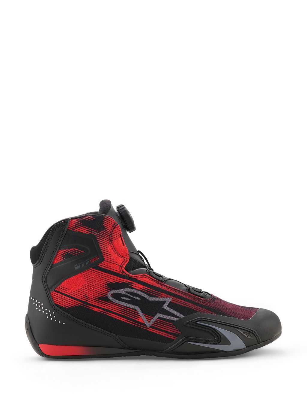 Zapatos Alpinestars Celer Superair, calzado para motociclismo, negro y rojo brillante, vista lateral con una parte superior de tejido gráfico veteado, logotipo gris de Alpinestars y dial del Sistema de Cierre Rotor, calzado deportivo de alto rendimiento para motociclistas