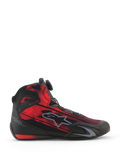 Zapatos Alpinestars Celer Superair, calzado para motociclismo, negro y rojo brillante, vista lateral con una parte superior de tejido gráfico veteado, logotipo gris de Alpinestars y dial del Sistema de Cierre Rotor, calzado deportivo de alto rendimiento para motociclistas