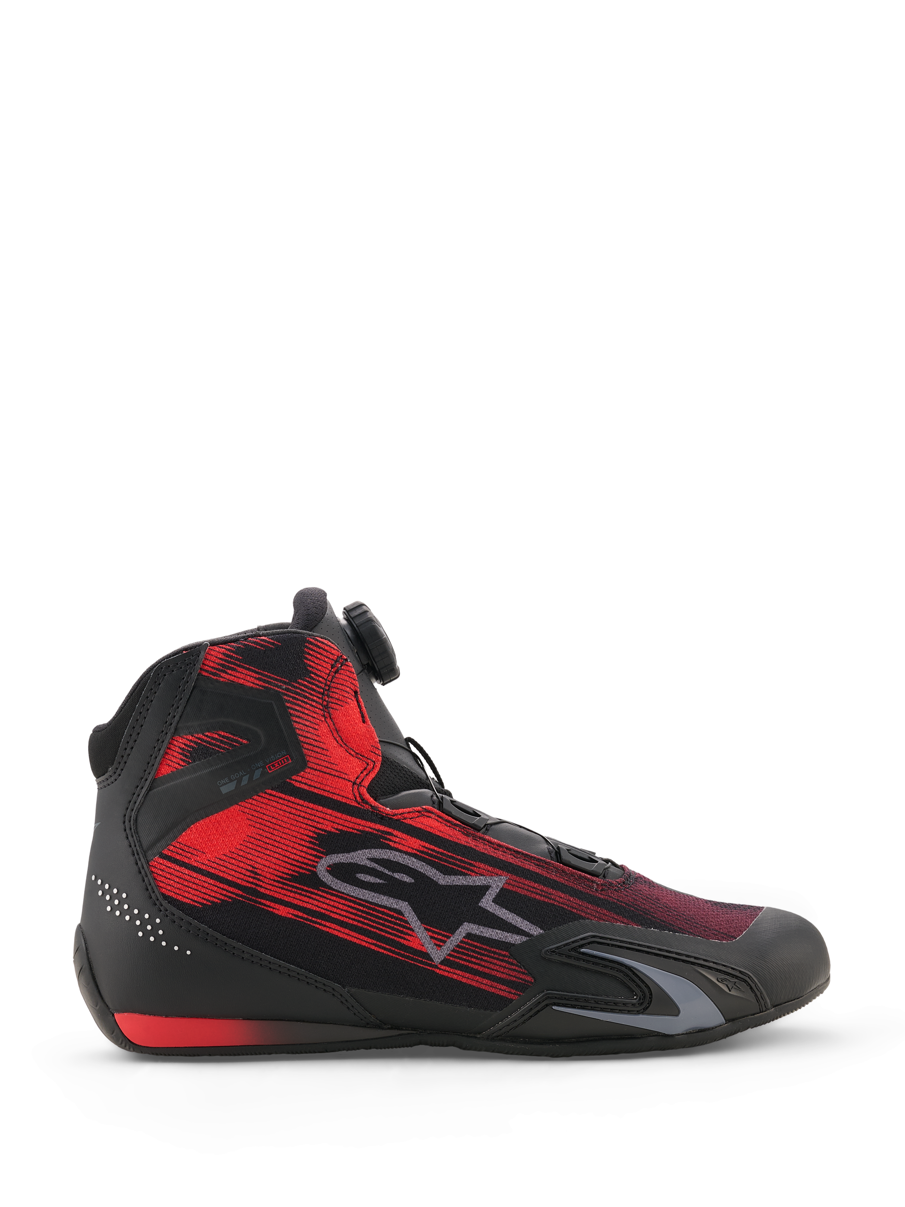 Zapatos Alpinestars Celer Superair, calzado para motociclismo, negro y rojo brillante, vista lateral con una parte superior de tejido gráfico veteado, logotipo gris de Alpinestars y dial del Sistema de Cierre Rotor, calzado deportivo de alto rendimiento para motociclistas