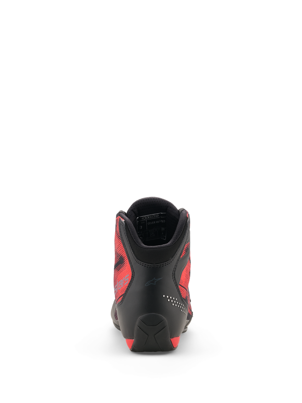 Zapatos Alpinestars Celer Superair, vista trasera, negro y rojo brillante, con talón de microfibra reforzada, paneles laterales de tejido transpirable rojo con diseño gráfico y cuello acolchado con forro de malla 3D, calzado deportivo para motociclistas