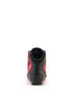Zapatos Alpinestars Celer Superair, vista trasera, negro y rojo brillante, con talón de microfibra reforzada, paneles laterales de tejido transpirable rojo con diseño gráfico y cuello acolchado con forro de malla 3D, calzado deportivo para motociclistas