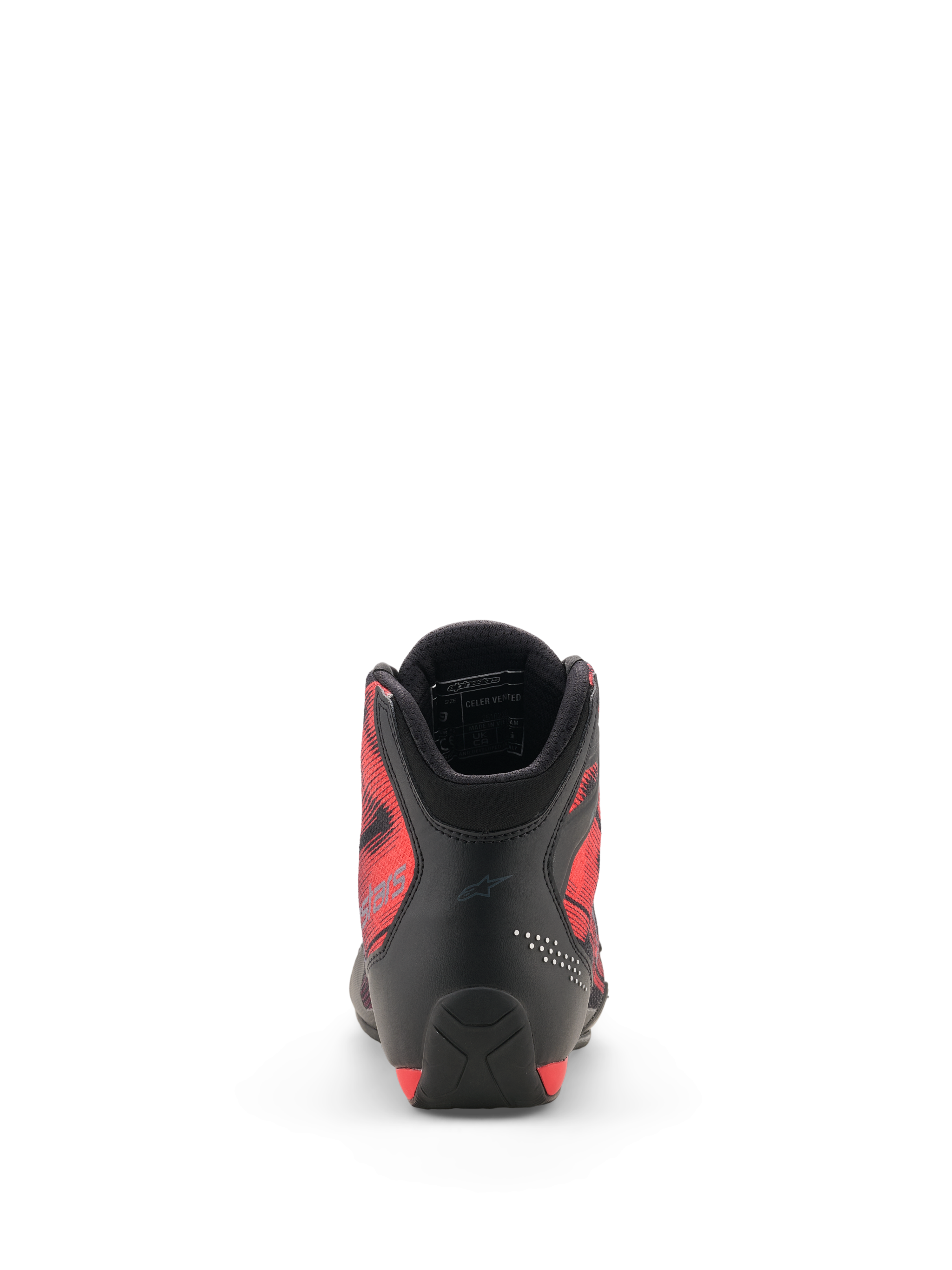 Zapatos Alpinestars Celer Superair, vista trasera, negro y rojo brillante, con talón de microfibra reforzada, paneles laterales de tejido transpirable rojo con diseño gráfico y cuello acolchado con forro de malla 3D, calzado deportivo para motociclistas