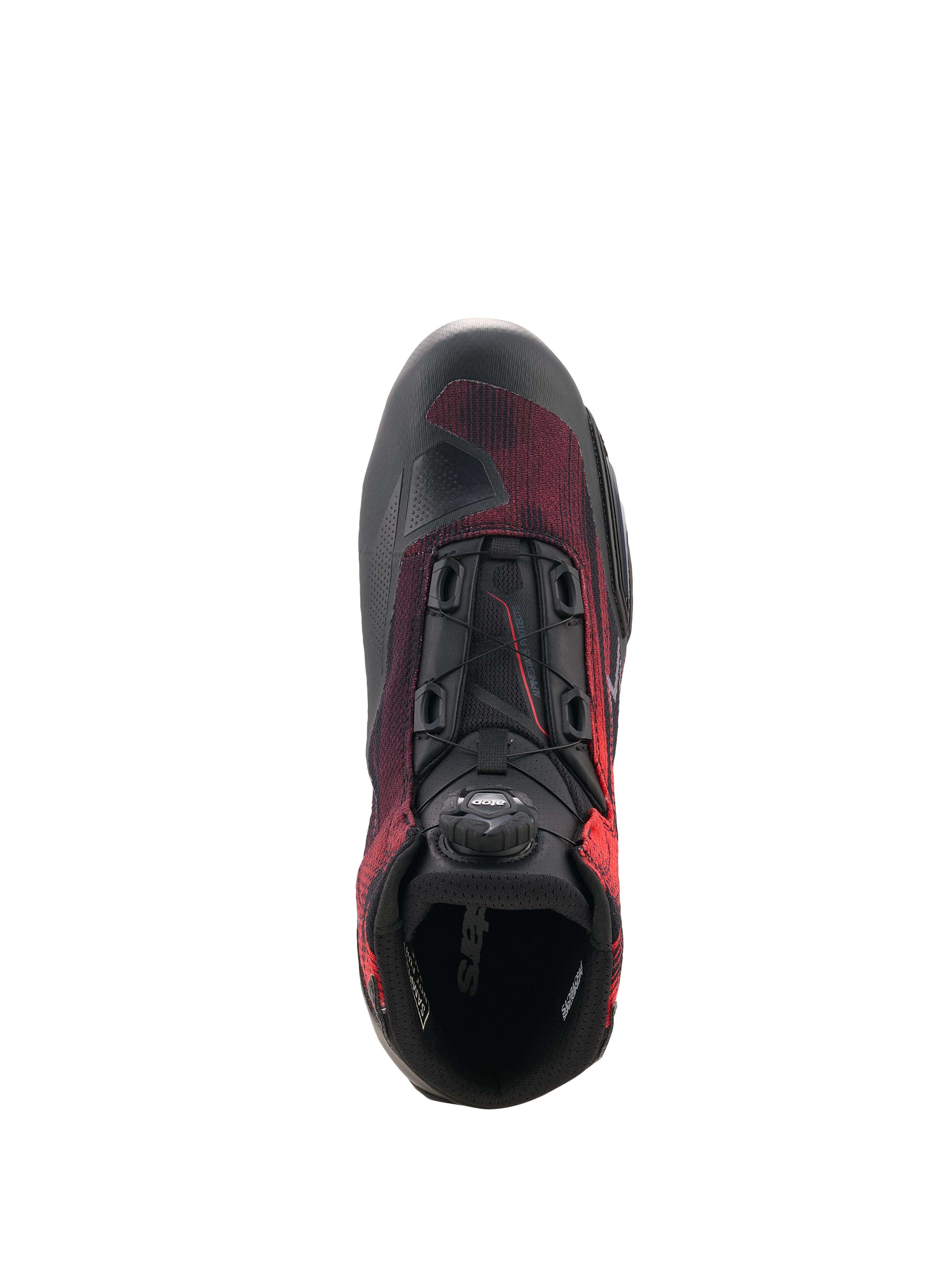 Zapatos Alpinestars Celer Superair, calzado para motociclismo, negro y rojo brillante, vista superior que muestra el dial del Sistema de Cierre Rotor, textil transpirable de flujo de aire y construcción reforzada para conducción deportiva.