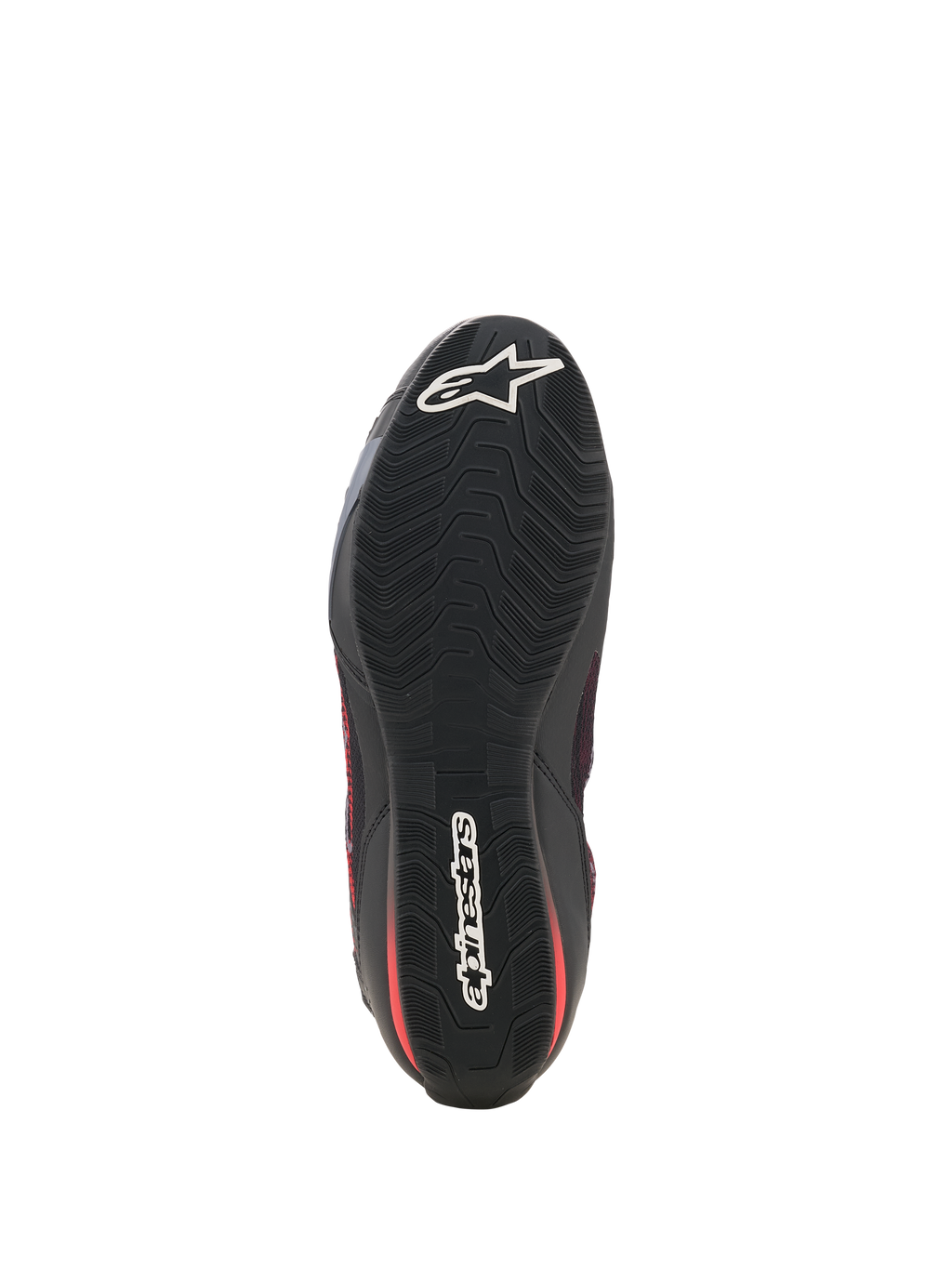 Alpinestars Celer Superair Shoes, zapatos de moto, negro y rojo brillante, vista inferior que muestra la suela de goma negra resistente al aceite con un patrón de agarre ondulado texturizado y el logotipo de Alpinestars en blanco en la puntera y el talón