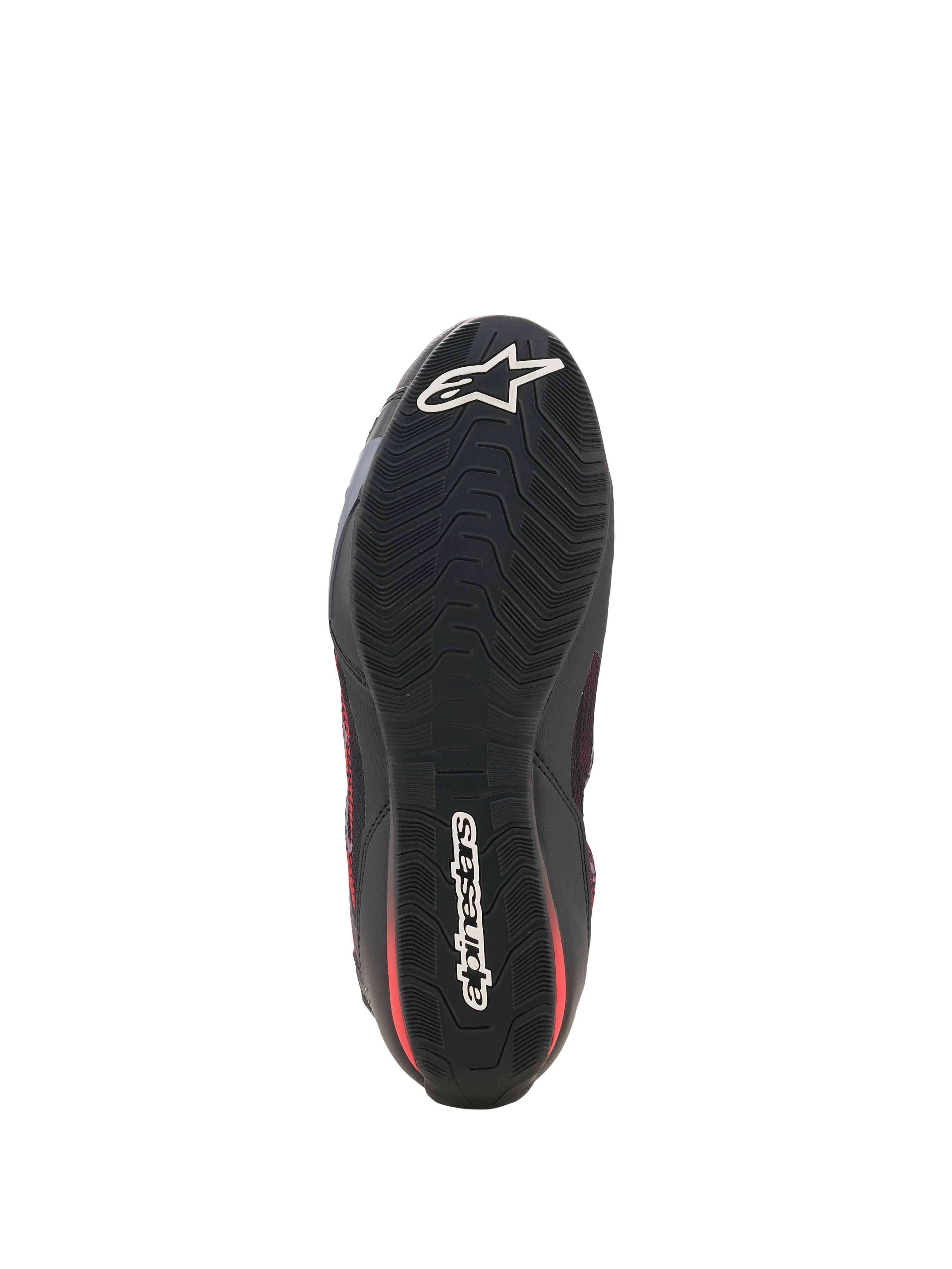 Alpinestars Celer Superair Shoes, zapatos de moto, negro y rojo brillante, vista inferior que muestra la suela de goma negra resistente al aceite con un patrón de agarre ondulado texturizado y el logotipo de Alpinestars en blanco en la puntera y el talón