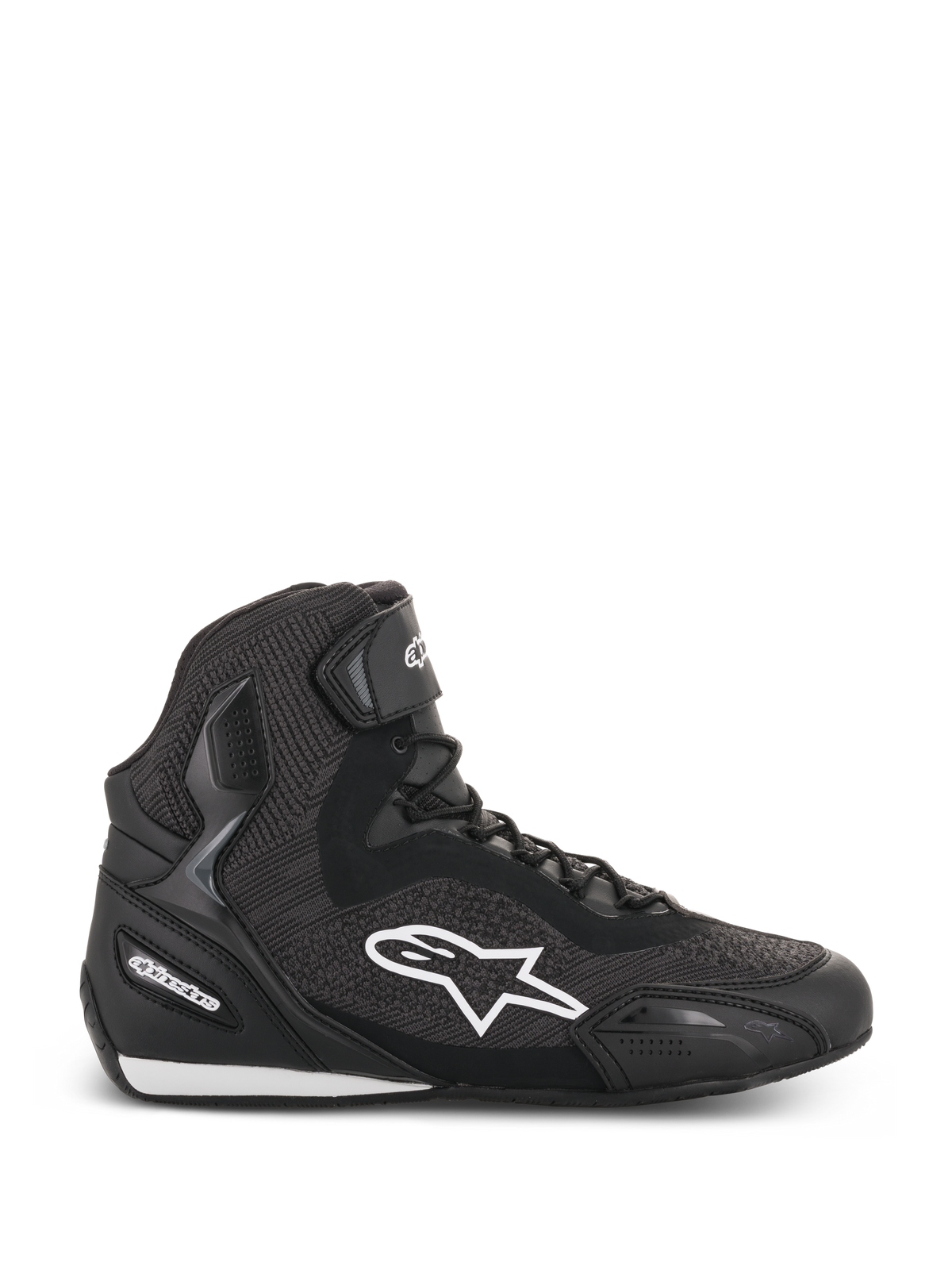 Alpinestars Faster-3 Rideknit Shoes, Black high-top motorcycle riding shoe, white star logo, textured knit and mesh construction, lace closure with ankle strap, reinforced heel and toe, low-profile sole with white accents