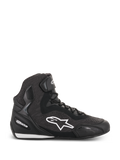 Alpinestars Faster-3 Rideknit Shoes, Black high-top motorcycle riding shoe, white star logo, textured knit and mesh construction, lace closure with ankle strap, reinforced heel and toe, low-profile sole with white accents