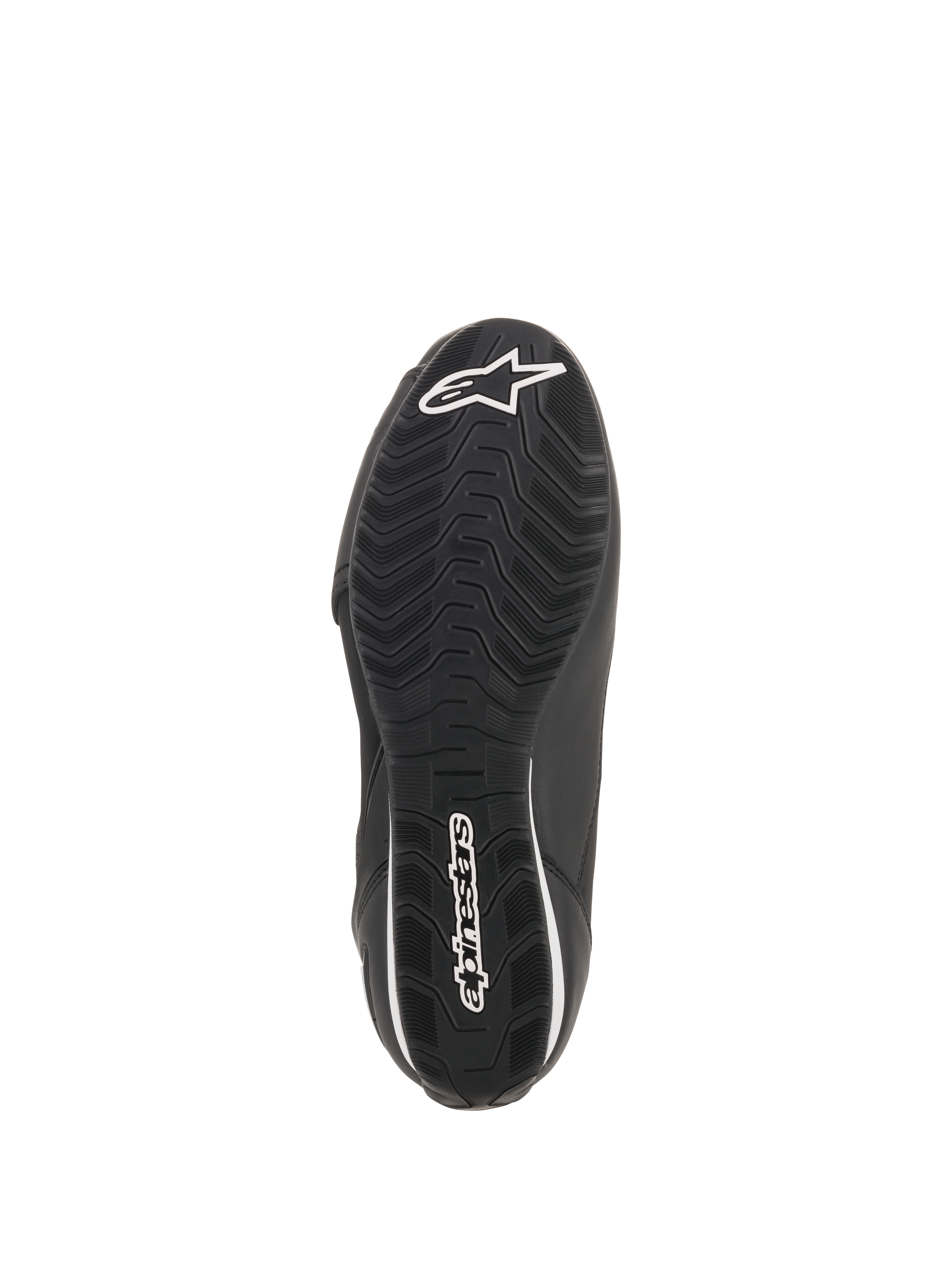 Alpinestars Faster-3 Rideknit® Shoes, Black, Bottom view of the sole featuring a textured wavy tread pattern, white Alpinestars logo and wordmark branding, performance motorcycle riding shoe