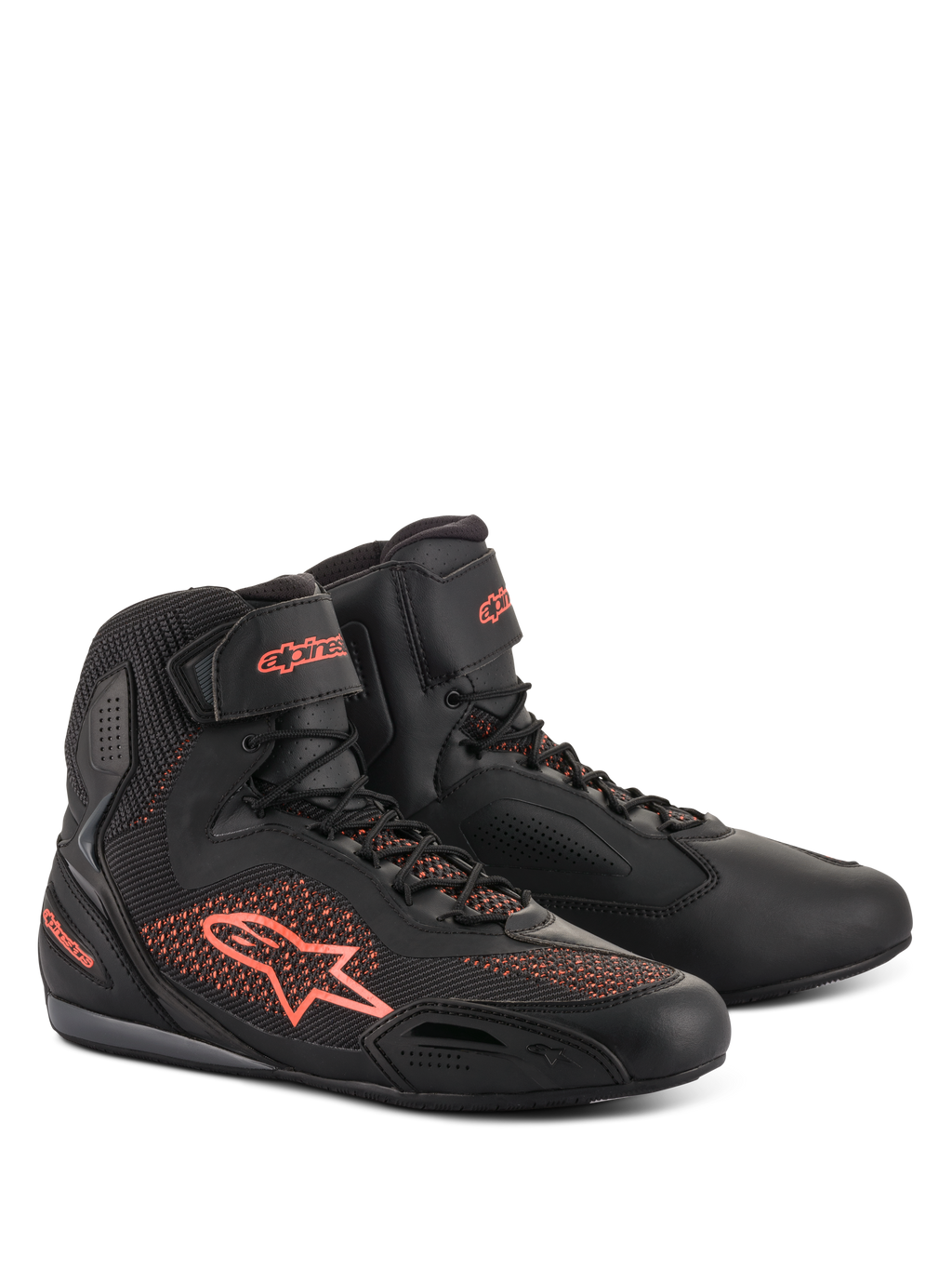 Alpinestars Faster-3 Rideknit Shoes, Motorcycle Riding Shoes, Black and Red Fluorescent, featuring breathable knit panels and lightweight microfiber construction, high-top profile with Alpinestars logo on the side and heel, secure lace-up closure with hook-and-loop ankle strap