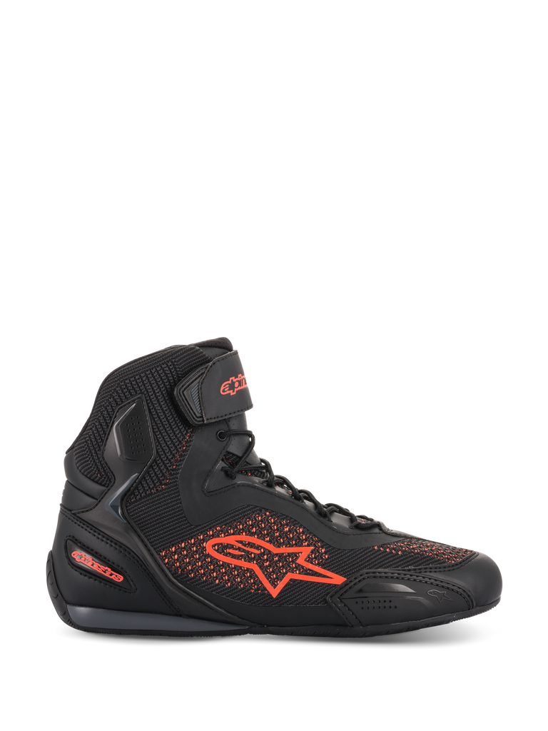 Alpinestars Faster-3 Rideknit® Shoes, Motorcycle Riding Shoe, Black and Red Fluo, lateral profile view, breathable knit and microfiber upper, fluorescent red Alpinestars logo and branding, lightweight protective footwear for road and urban riding