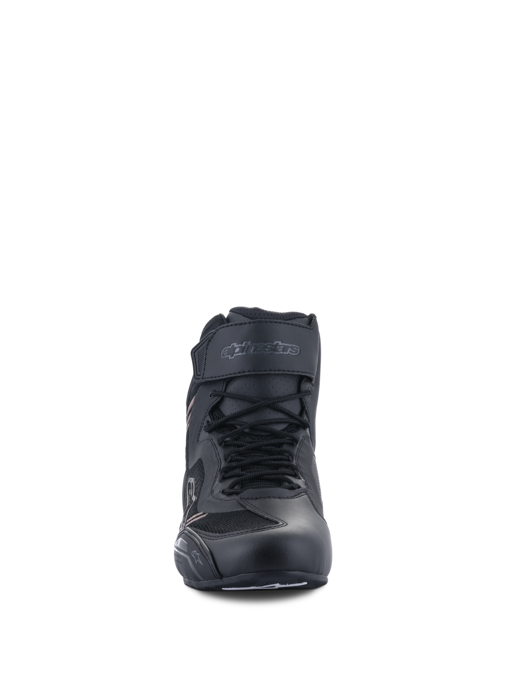 Zapatos Alpinestars Faster-3 Rideknit®, calzado para moto, Negro Negro, vista frontal que muestra los cordones y la correa de velcro en el tobillo, construcción ligera de microfibra y malla