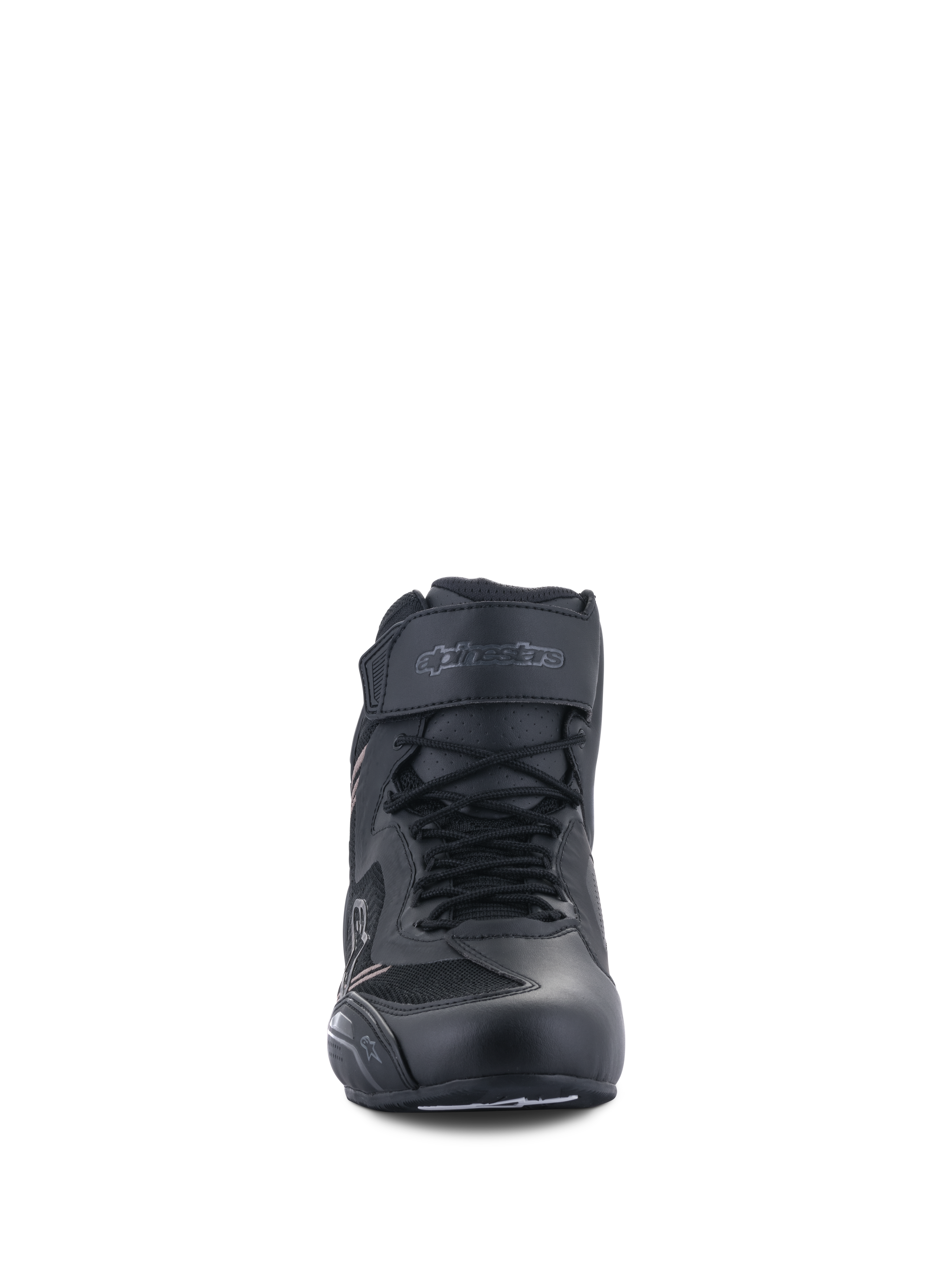 Zapatos Alpinestars Faster-3 Rideknit®, calzado para moto, Negro Negro, vista frontal que muestra los cordones y la correa de velcro en el tobillo, construcción ligera de microfibra y malla