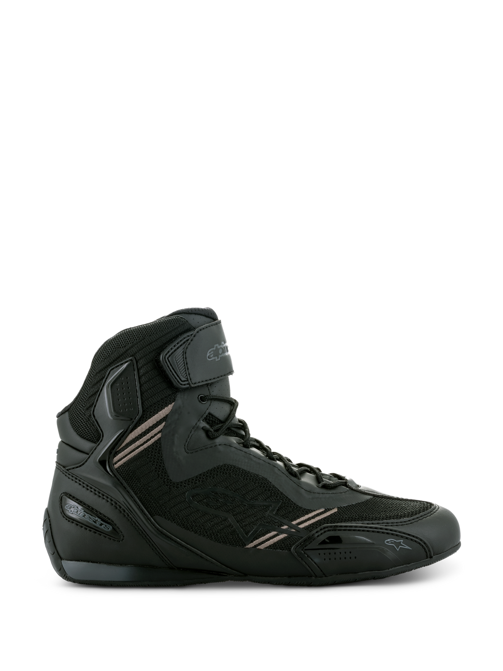 Alpinestars Faster-3 Rideknit®, zapatillas de moto negras, construcción ligera de microfibra y malla transpirable, cierre de cordones con correa de velcro en el tobillo, diseño protector de caña alta para conducción urbana