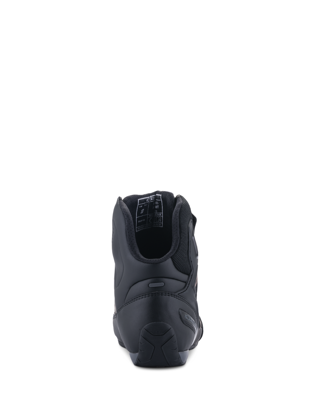 Zapatos Alpinestars Faster-3 Rideknit®, vista trasera, negro, con contrafuerte del talón en TPR para soporte lateral, chasis de microfibra con forro de malla transpirable, calzado de motociclismo de alto rendimiento para carretera