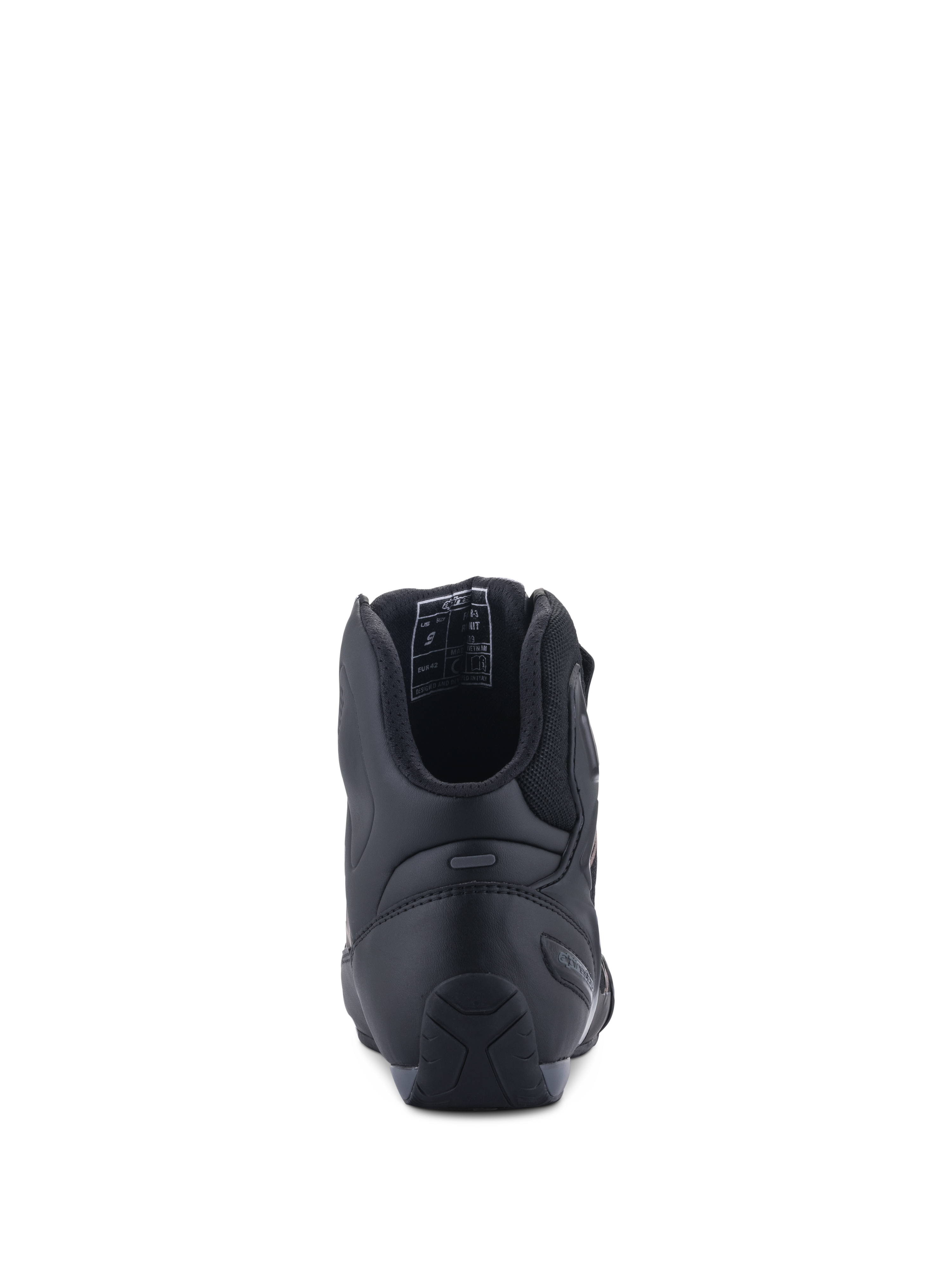 Zapatos Alpinestars Faster-3 Rideknit®, vista trasera, negro, con contrafuerte del talón en TPR para soporte lateral, chasis de microfibra con forro de malla transpirable, calzado de motociclismo de alto rendimiento para carretera