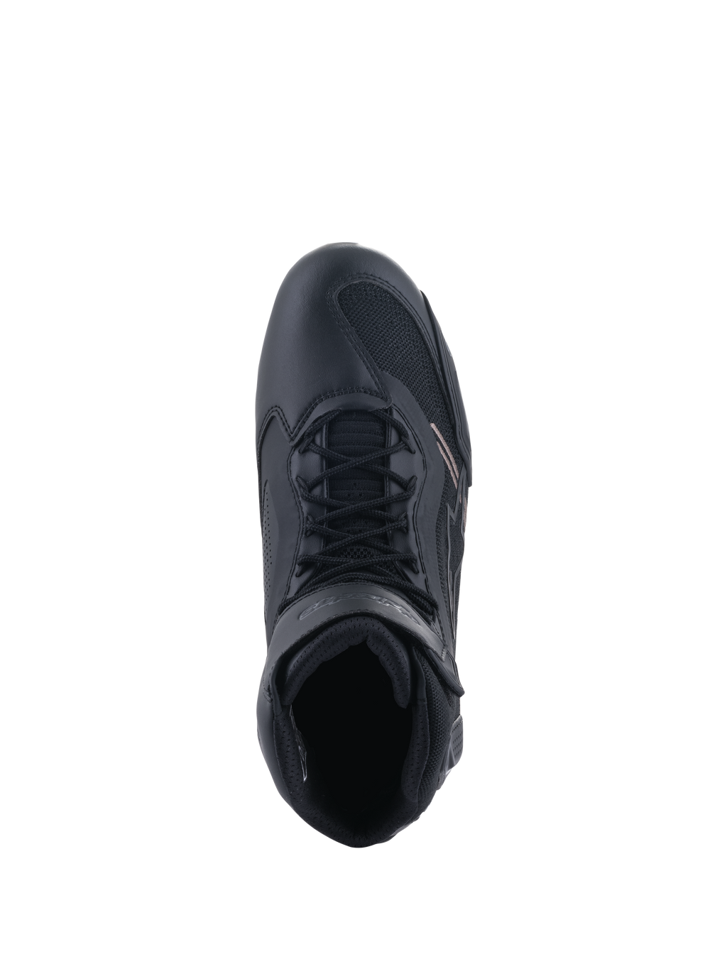 Zapatos Alpinestars Faster-3 Rideknit®, calzado para motociclismo, negros, vista superior que muestra el sistema de cordones y la correa del tobillo, con una combinación de malla transpirable y microfibra, diseño deportivo para conducción en carretera de alto rendimiento